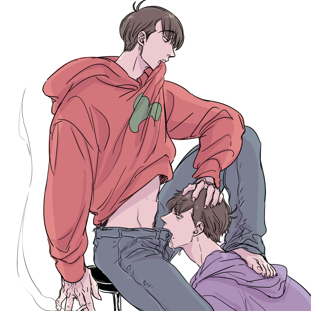 2boys barefoot brothers brown_hair cigarette cum cumdrip drooling fellatio hair hoodie iberiko_(iberiko-pig) incest looking_down male_only matsuno_ichimatsu matsuno_osomatsu messy_hair mouth_hold multiple_boys oral osomatsu-kun osomatsu-san saliva shirt_lift siblings simple_background smoke stool through_clothes white_background yaoi