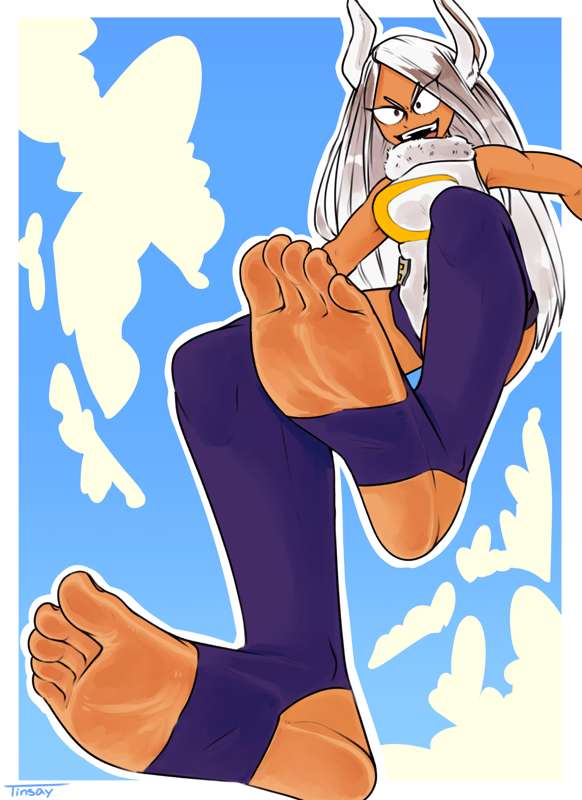1girls, barefoot, boku no hero academia, bunny ears, bunny girl, clothed, clothing, costume, dark skin, dark-skinned female, feet, female, female only, fluffy, foot fetish, foot focus, legwear, long hair, lowres, my hero academia, rabbit ears, rabbit girl, rumi usagiyama, soles, solo, stirrup legwear, tinsay (artist), umanoid, white hair