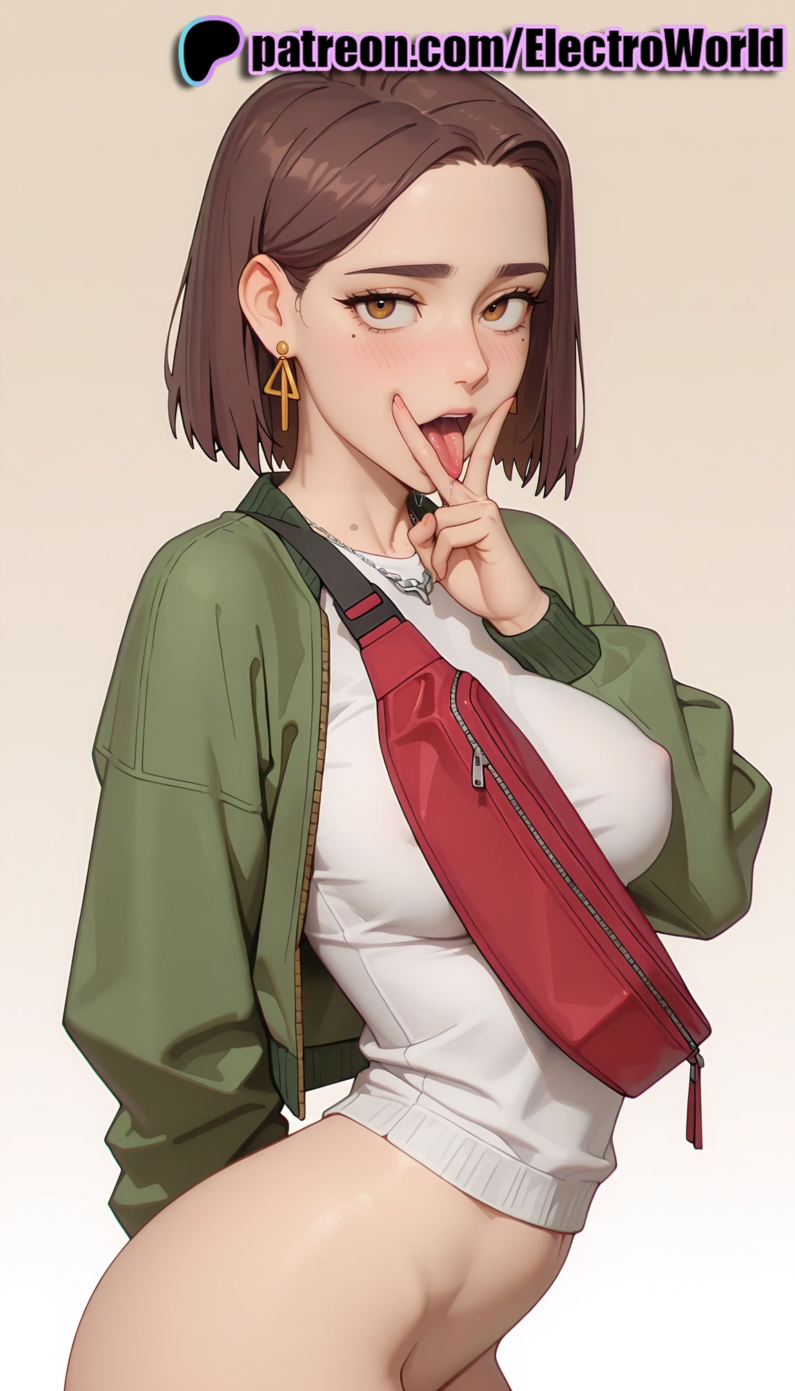 1girls, 2025, ai generated, artist name, brown eyes, brown hair, earrings, electroworld, female, gradient, gradient background, green jacket, hi res, high quality, high resolution, highres, jacket, jewelry, looking at viewer, mole, mole under eye, oral invitation, patreon, patreon username, short hair, solo, stable diffusion, tachibana kotoha, tongue, tongue out, watermark, wind breaker