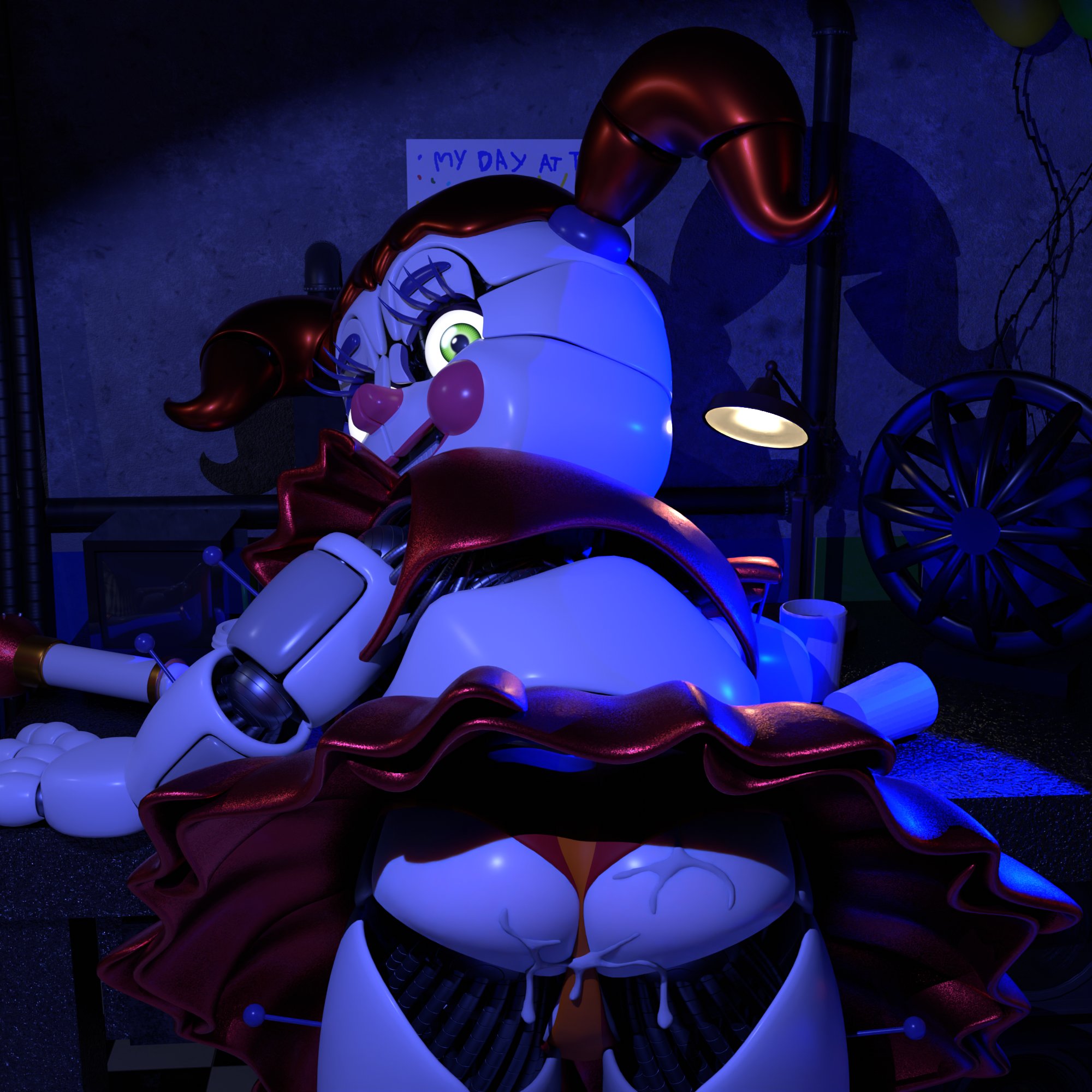 3d, 3d (artwork), accurate model, ass, baby (fnafsl), circus baby, circus baby (fnaf), circus baby (original), cum, cum on ass, cum on panties, female, five nights at freddy's, five nights at freddy's: sister location, full color, fully clothed, glowing eyes, green eyes, no penetration, panties, robot, robot girl, robot humanoid, skirt, solo, solo female, striped panties, thighs, twintails, vesperisonline, white skin, zxxxarts