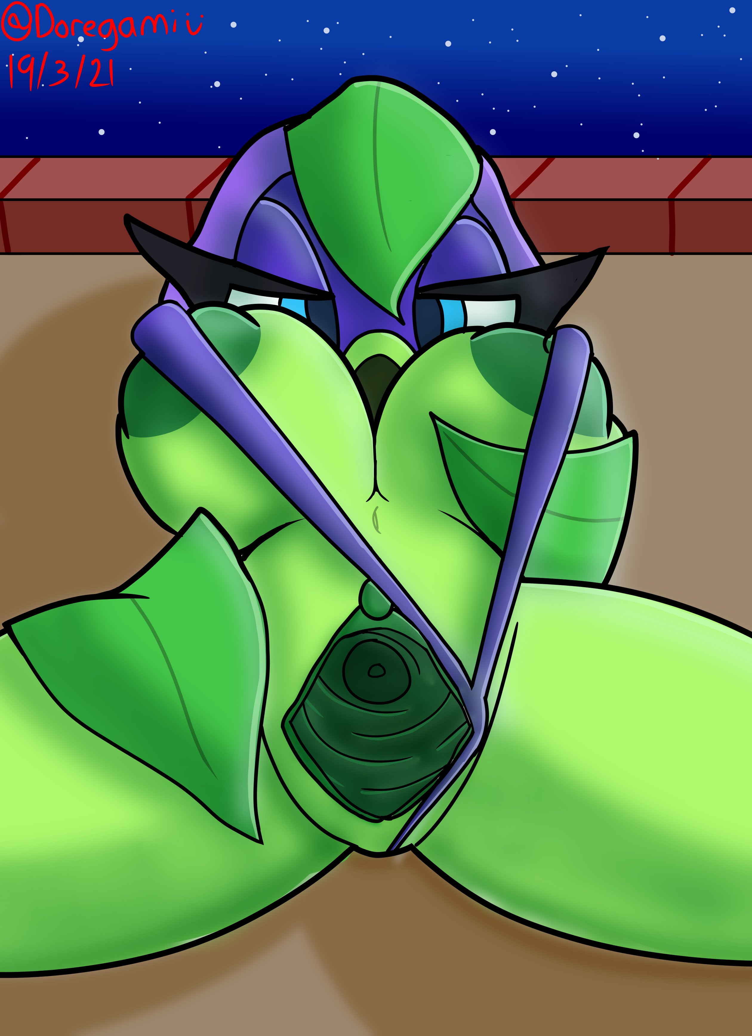 1girls, black pupils, blue eyes, doregami, eyelash, eyelashes, female, female focus, female only, girl focus, green body, green shadow (pvz), green skin, hood, hood up, light, looking at viewer, looking back at viewer, mask, masked, masked female, night, night sky, no clothes, no panties, non-human, non-human only, on roof, outdoor background, outdoors, outside, outside view, peashooter (pvz), plant, plant girl, plantie, plants vs zombies, plants vs zombies: heroes, plants vs. zombies, plants vs. zombies heroes, purple hood, pussy, pussy focus, pussy lips, pussy open, showing off, showing pussy, simple, simple background, simple coloring, simple drawing, simple eyes, simple shading, thick thighs, thighs, wide spread legs