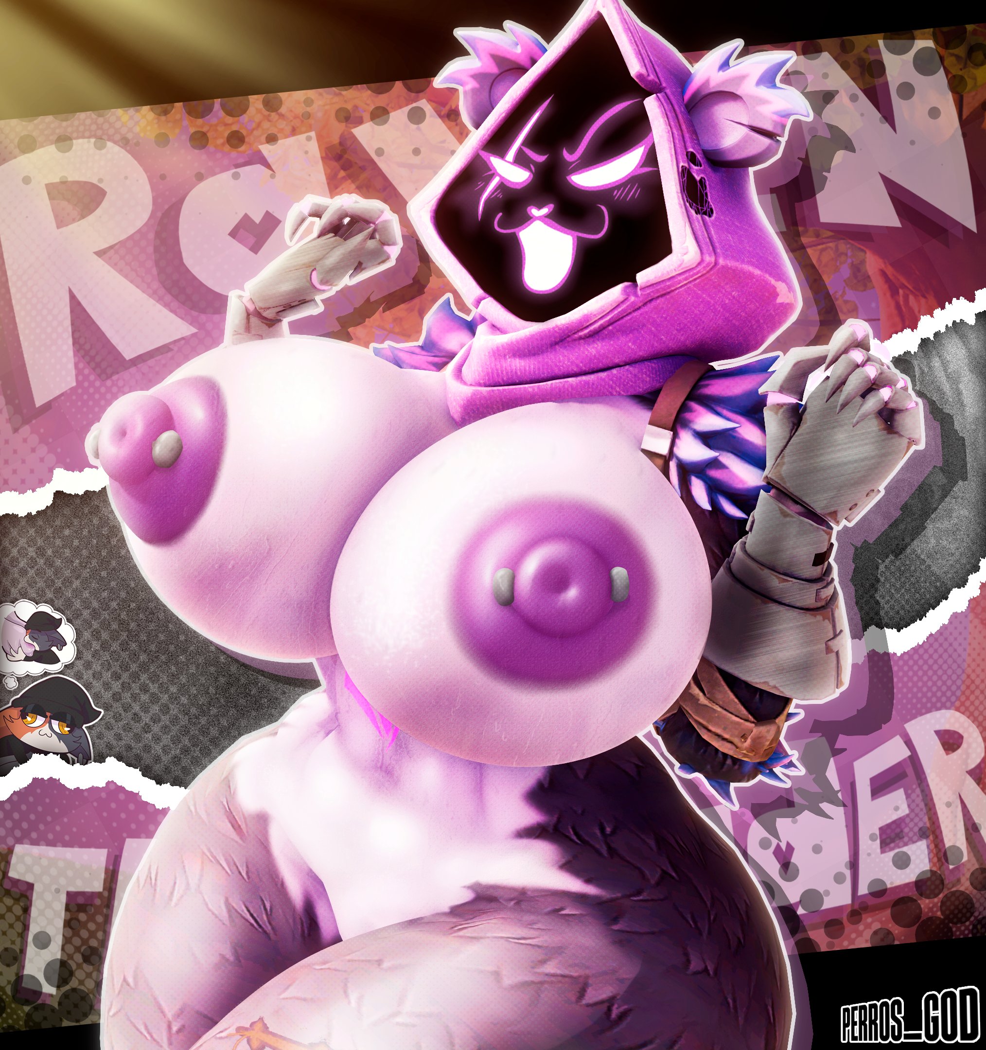 3d, 3d background, anthro, areola, armor, ass, bear, bear ears, big ass, big breasts, big butt, biped, black body, blurred background, boob focus, breast focus, breasts, cindablimp, clothing, curvy figure, dialogue, digital media (artwork), epic games, eye scar, facial scar, female, female focus, female only, fortnite, fur, gauntlets, gloves, gun, hand gesture, handwear, hi res, hood, hoodie, large boobs, large breasts, looking at viewer, mammal, meow skulls (fortnite), metal hand, nipple piercing, nipples, perros god, pierced nipples, purple body, purple eyes, raven team leader, s1nnerfox, scar, solo, solo female, solo focus, source filmmaker (artwork), speech bubble, text, thick thighs