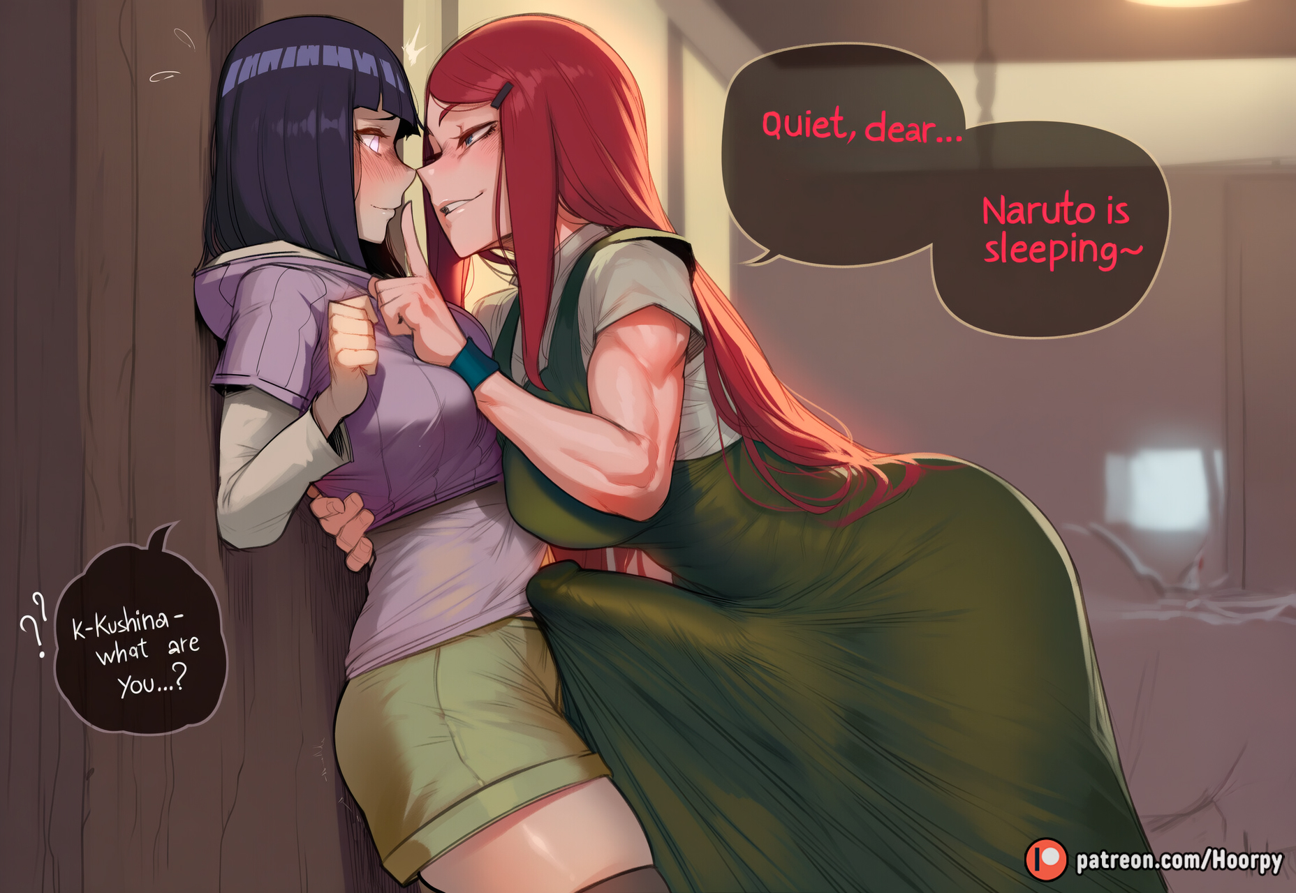 1futa, 1girls, abs, against wall, ai generated, aroused, aroused face, athletic, athletic female, big ass, big breasts, big butt, big thighs, blue eyes, blue hair, blush, boner, boner in pants, breasts, bulge, bulge through clothing, bulge under clothes, byakugan, caption, clothed, clothing, comic, comic page, comics, curvy, curvy body, curvy female, curvy figure, cute, cute face, dominant, dominant female, dominant futa, domination, dress, english, english text, female, futa with female, futadom, futanari, heart, heart symbol, hoorpy, hourglass figure, hug, hyuuga hinata, indoors, kushina uzumaki, mature, mature female, milf, mother-in-law and daughter-in-law, muscular, muscular futa, muscular futanari, naruto, naruto (series), naruto shippuden, patreon, patreon logo, patreon username, petite, petite body, petite breasts, petite female, red hair, sexy, sexy body, sexy pose, shh, smile, smirk, story, sweat, sweatdrop, sweating, teeth, text, thick thighs, thighs, uzumaki hinata, uzumaki kushina, voluptuous, voluptuous female, white eyes, yuri