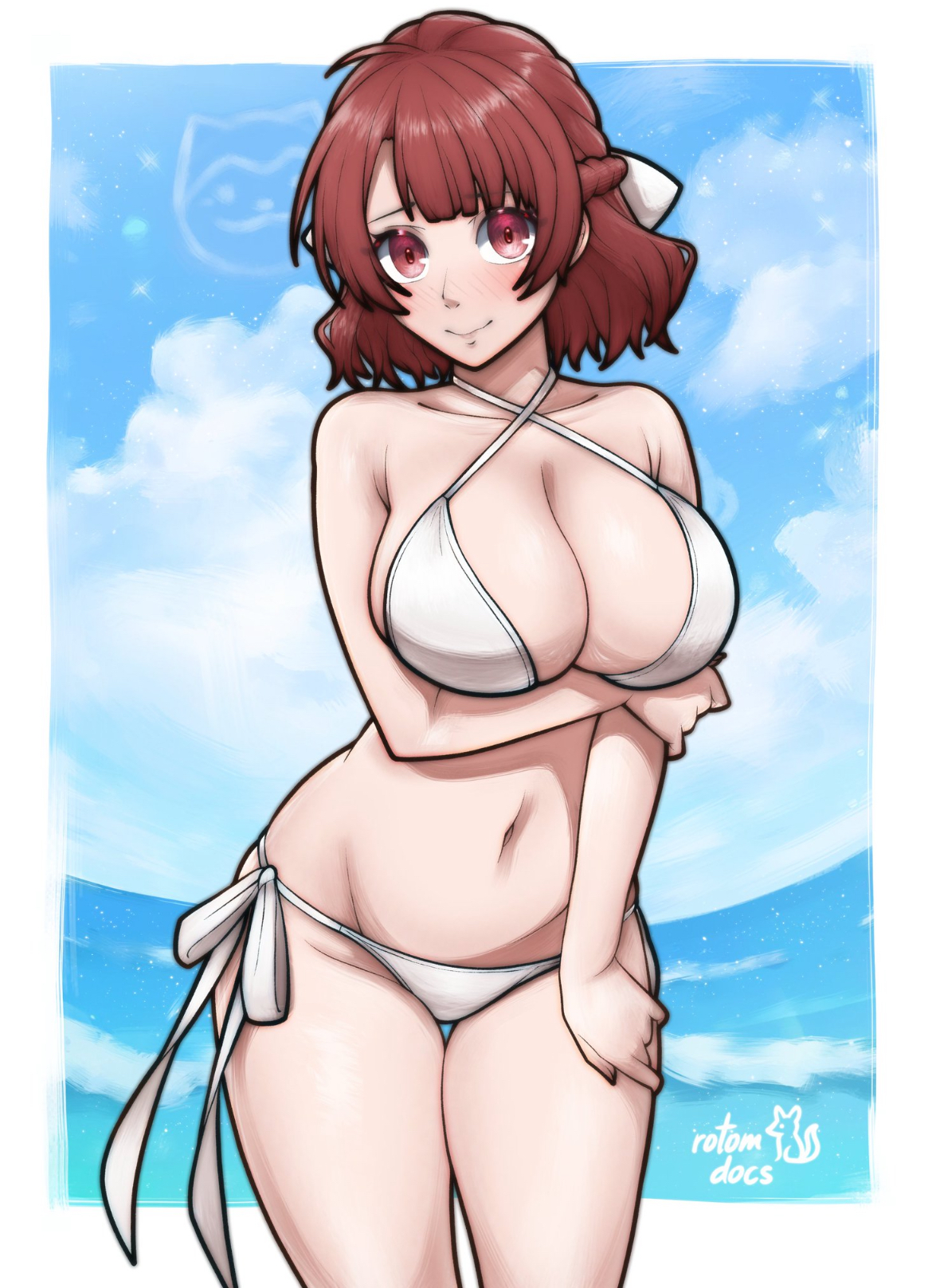 arm under breasts, belly, big breasts, bikini, bikini only, blue lock, blush, bow, breasts, brown hair, busty, busty female, cleavage, cleavage overflow, curvaceous, curvy, curvy female, curvy figure, cute, cute face, cute female, female, female focus, female only, legs, looking, looking at viewer, oppai, pink eyes, rotomdocs, sexy, sexy body, sexy female, slim waist, smiling, smiling at viewer, solo, solo female, solo focus, teieri anri, thick legs, thick thighs, thigh, tummy, voluptuous, voluptuous body, voluptuous female, waist, water, wide hips