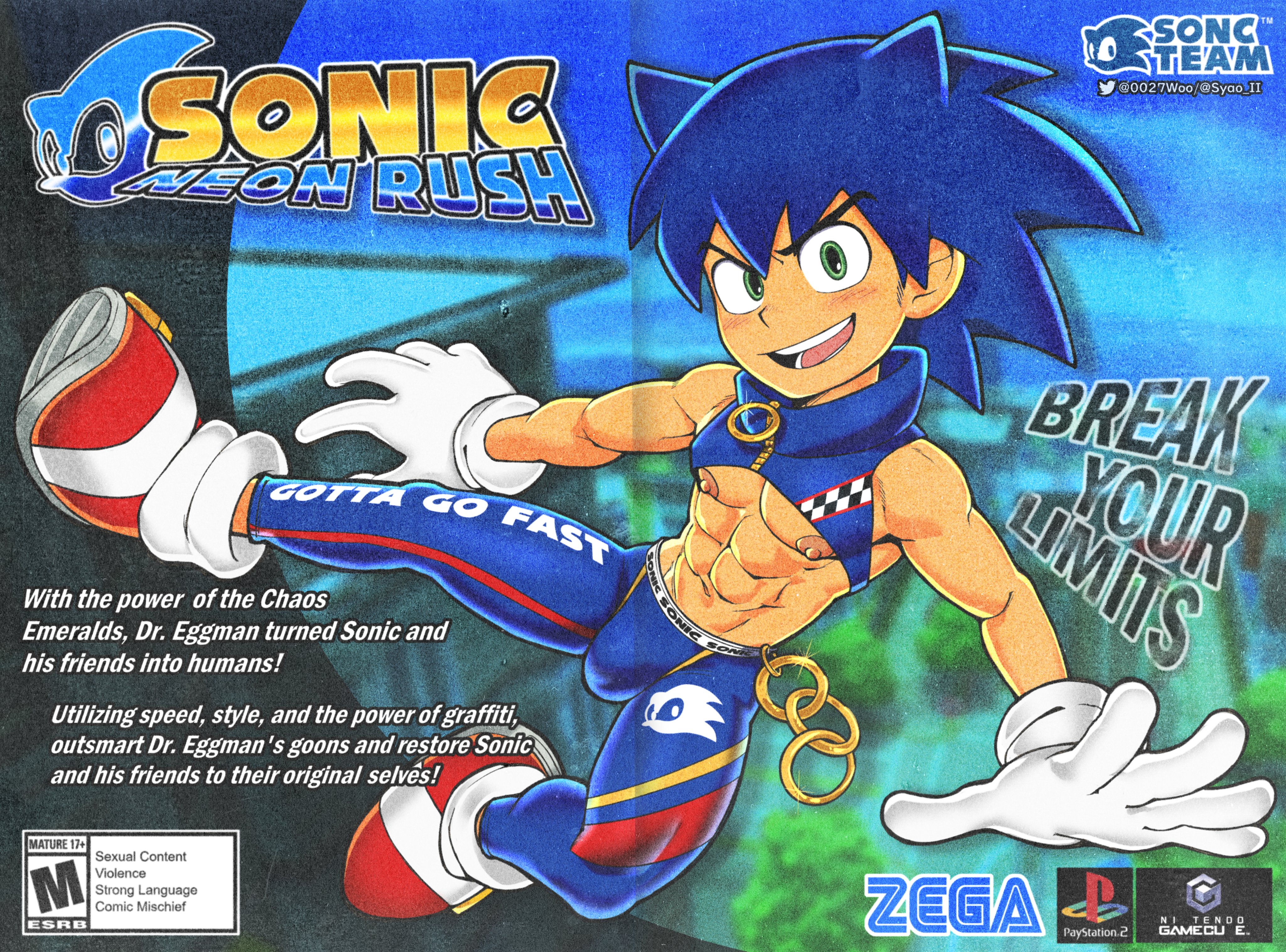 0027woo, 1boy, 4 ears, abs, absurd res, advertisement, blue hair, blush, brand name imitation, bulge, english text, gay, gijinka, gloves, grainy render, green eyes, hi res, humanized, logo, male, male only, multi ear, muscular, muscular arms, muscular legs, muscular male, muscular thighs, navel, nipples, open legs, open mouth, pecs, poster, scan, sega, shoes, solo, solo male, sonic (series), sonic the hedgehog, sonic the hedgehog (series), sparkles, text, tight clothing, twitter username, white gloves, yaoi, young