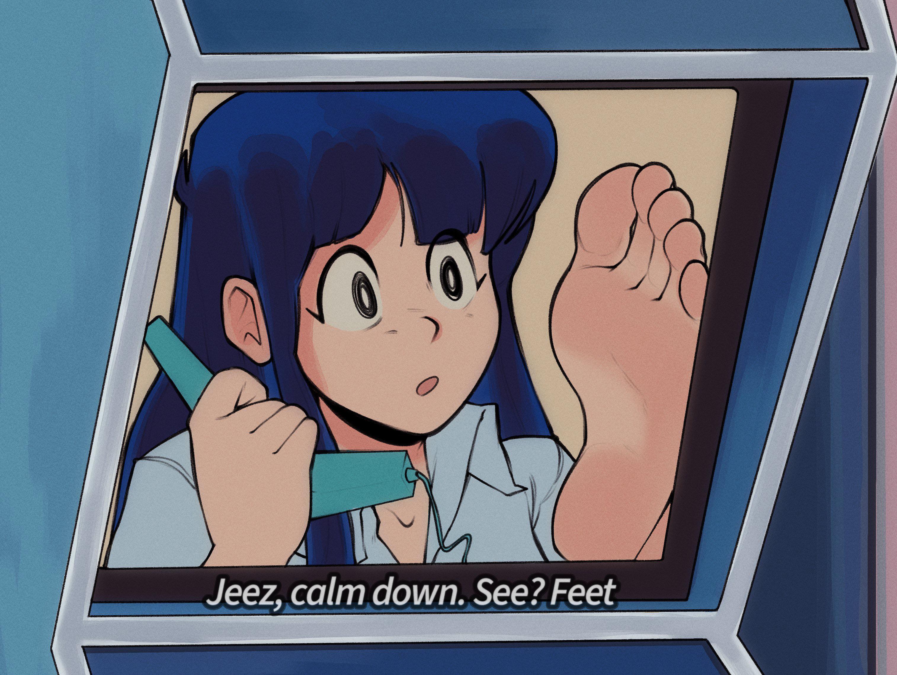 barefoot, blue hair, blush, dirty pair, english text, feet, female, foot fetish, foot focus, light skin, light-skinned female, long hair, meme, nail polish, open mouth, parody, phone, soles, solo, tinsay (artist), toes, topwear, yuri (dirty pair)