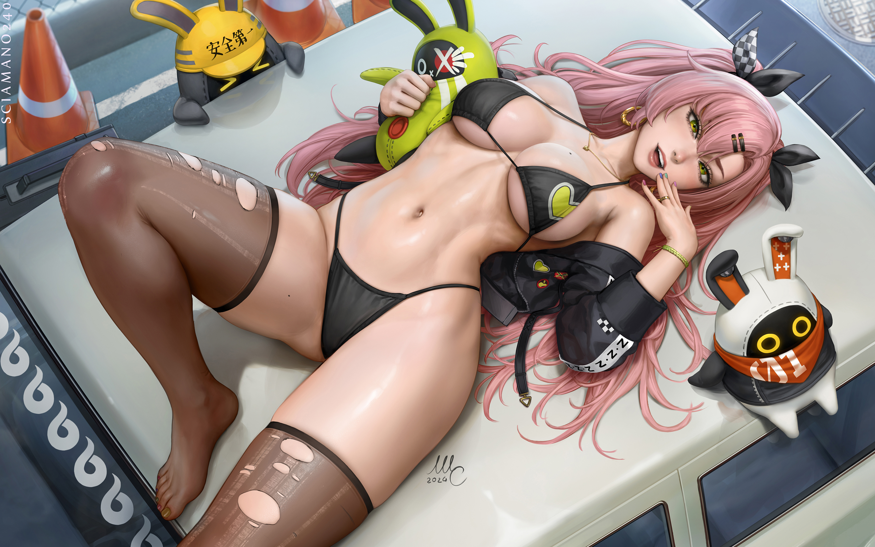 bare shoulders, bikini, black bikini, black jacket, black ribbon, breasts, cg, cleavage, earrings, feet, female, female torso, green eyes, hair ornament, hair ribbon, hairclip, heart, heart earrings, jacket, jewelry, knee up, large breasts, lips, long hair, long sleeves, looking at viewer, lying, mole, mole on breast, mole on thigh, mole under eye, nail polish, navel, necklace, nicole demara, on back, open clothes, open jacket, open mouth, parted lips, pink hair, sciamano240, solo, stomach, strapless, swimsuit, thighhighs, thighs, toes, torn clothes, torn thighhighs, traffic cone, two side up, yellow eyes, zenless zone zero