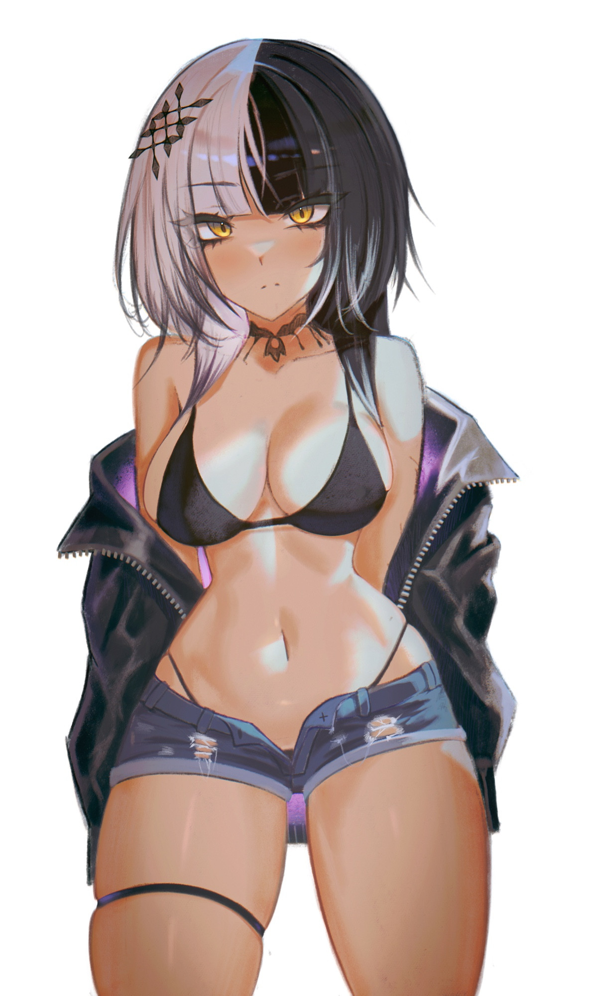 1girls, adult, adult female, bare belly, bare chest, bare legs, bare midriff, bare navel, bare shoulders, bare thighs, belly, belly button, bewitching thighs, big breasts, bikini, bikini top, black bikini, black bikini top, black coat, black hair, black jacket, black string bikini, black swimsuit, black swimwear, black-haired female, blank expression, blank eyes, blank stare, breasts, busty, busty female, child bearing hips, cleavage, coat, collarbone, curvaceous, curvaceous body, curvaceous female, curvaceous figure, curvaceous hips, curvaceous thighs, curvy, curvy body, curvy female, curvy figure, curvy hips, curvy thighs, digital, digital art, digital drawing, digital drawing (artwork), digital media, digital media (artwork), emotionless, exposed belly, exposed chest, exposed legs, exposed midriff, exposed navel, exposed shoulders, exposed skin, exposed thighs, eyebrows visible through hair, female, female focus, female only, groin, hair ornament, hair ornaments, halterneck, high resolution, highres, hololive, hololive english, hololive english -advent-, hourglass figure, jacket, jean shorts, large boobs, large breasts, lean figure, long hair, looking at viewer, mature, mature female, midriff, multicolored hair, narrow waist, navel, neutral expression, open coat, open jacket, plump breasts, s7nsles, shiori novella, shoulders, simple background, slender body, slender waist, slim waist, solo, standing, string bikini, swimsuit, swimwear, thick thighs, thigh gap, thighband, thighs, upper body, virtual youtuber, white background, white hair, white-haired female, wide hips, yellow eyes, yellow-eyed female