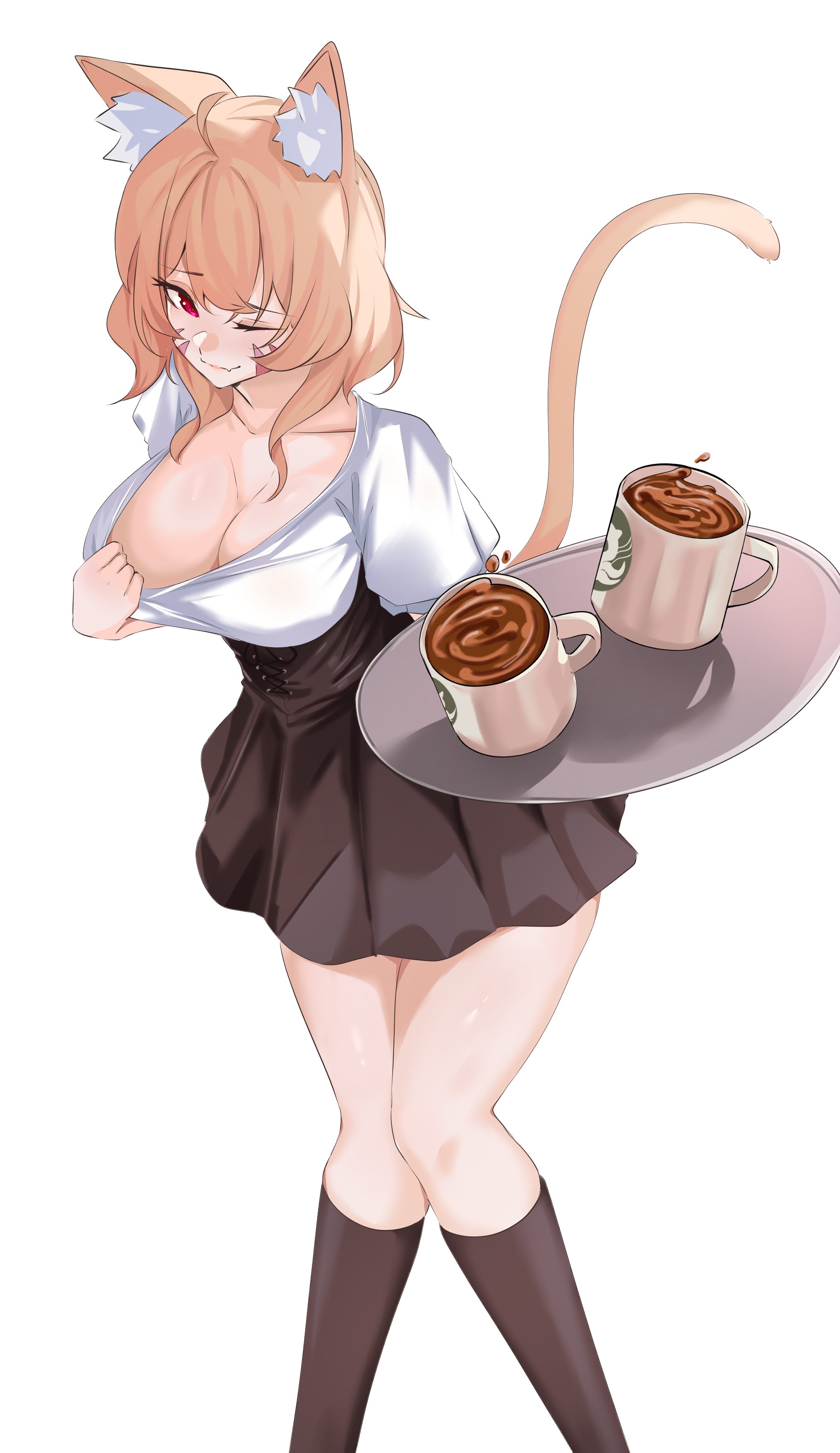 1girls, animal ear fluff, animal ears, bangs, beer, beer mug, black legwear, black skirt, blonde hair, blush, breasts, cat ears, cat girl, cat tail, catgirl, cleavage, closed mouth, coffee, collarbone, cup, eyebrows visible through hair, face markings, feet out of frame, female, female only, hair between eyes, holding, holding cup, kneehighs, large breasts, looking at viewer, mug, one eye closed, red eyes, shirt, short hair, skirt, smile, solo, squchan (vtuber), standing, striped, tail, virtual youtuber, vyugen, white background, white shirt