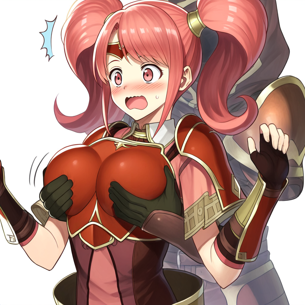 1girls ai_generated breast_grab breastplate embarrassed fire_emblem fire_emblem_echoes:_shadows_of_valentia groped_from_behind groping mae_(fire_emblem) nintendo novelai pink_eyes pink_hair self_upload surprised twintails wavy_mouth white_background