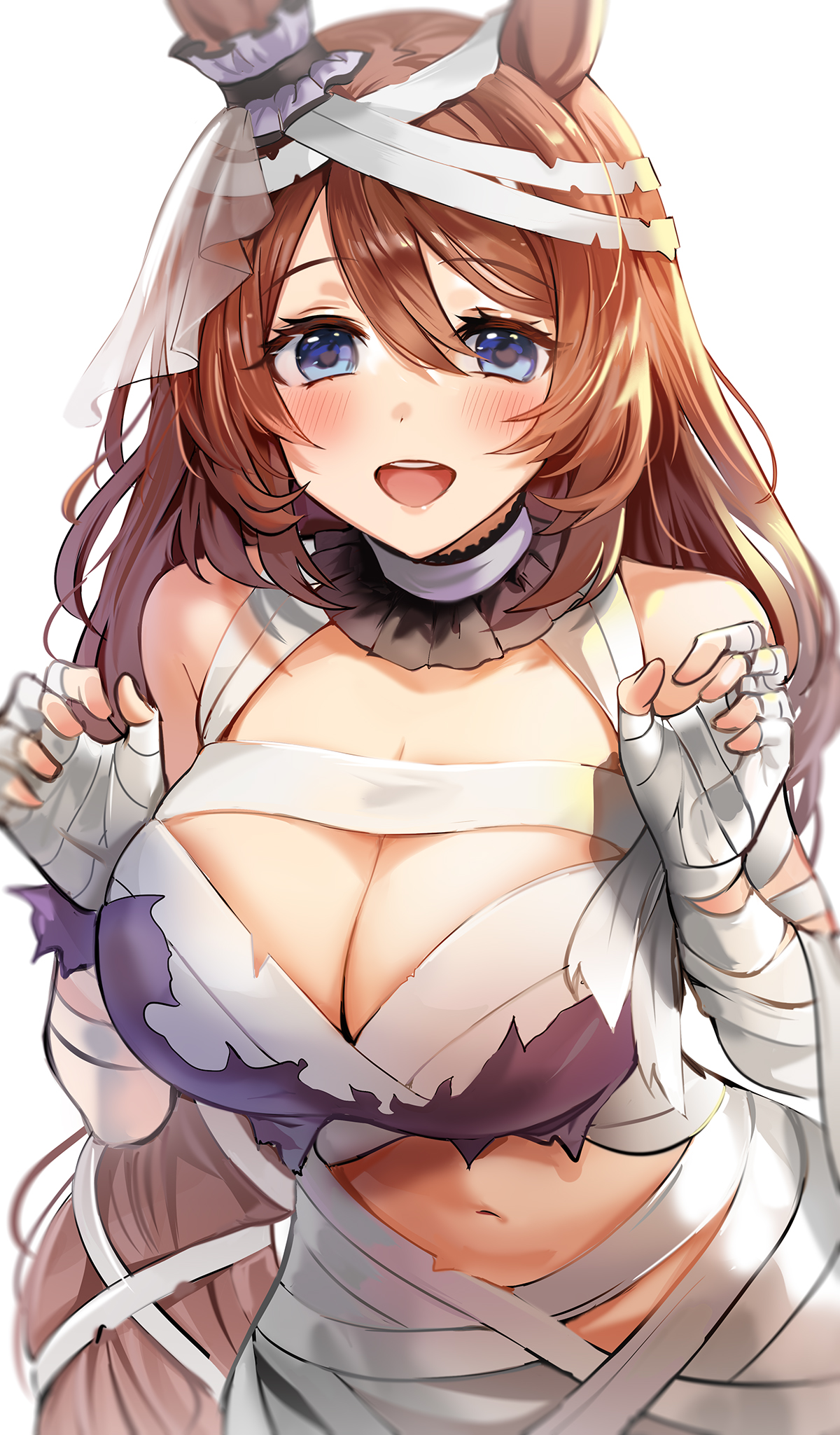 1girls, animal ears, belly button, blue eyes, blush, breasts, brown hair, cleavage, costume, cygames, female, female only, halloween, halloween costume, horse ears, horse girl, huge breasts, light skin, light-skinned female, monster girl, mummy costume, open mouth, simple background, solo, solo female, super creek (chiffon-wrapped mummy) (umamusume), super creek (umamusume), umamusume, umamusume pretty derby, white background, yuki (asayuki101)