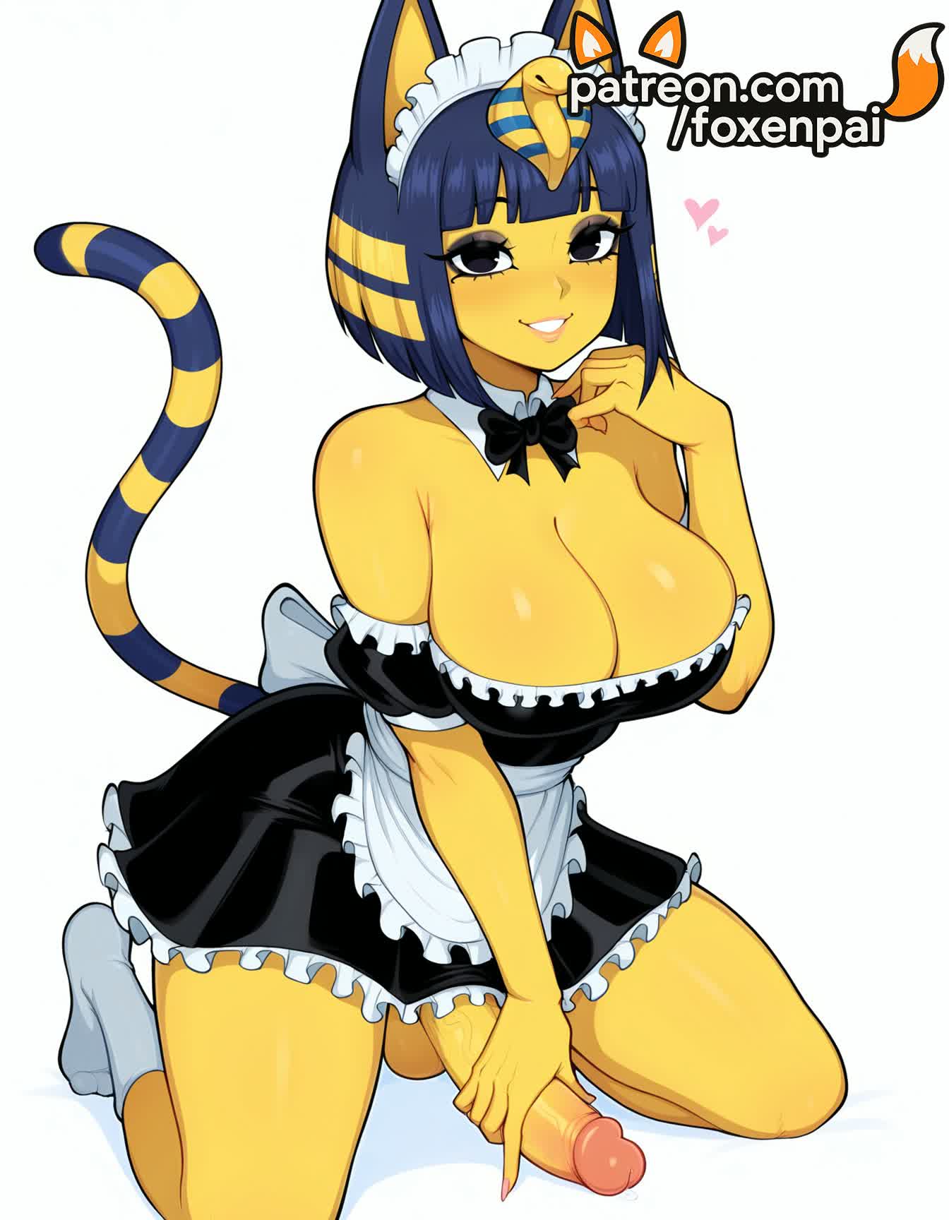 1futa, 2025, ai generated, animal crossing, animal ears, ankha, ankha (animal crossing), apron, artist name, balls, bangs, bare shoulders, black dress, blunt bangs, blush, bow, breasts, bust, cat ears, cat tail, chest, cleavage, cock, colored skin, dick, dress, enmaided, erection, female, foxenpai, furry, furry female, futanari, hi res, high quality, high resolution, highres, intersex, maid, maid headdress, nintendo, patreon, patreon username, penis, short hair, smile, solo, stable diffusion, striped tail, tail, testicles, uncensored, veins, waist apron, watermark, white apron, yellow skin