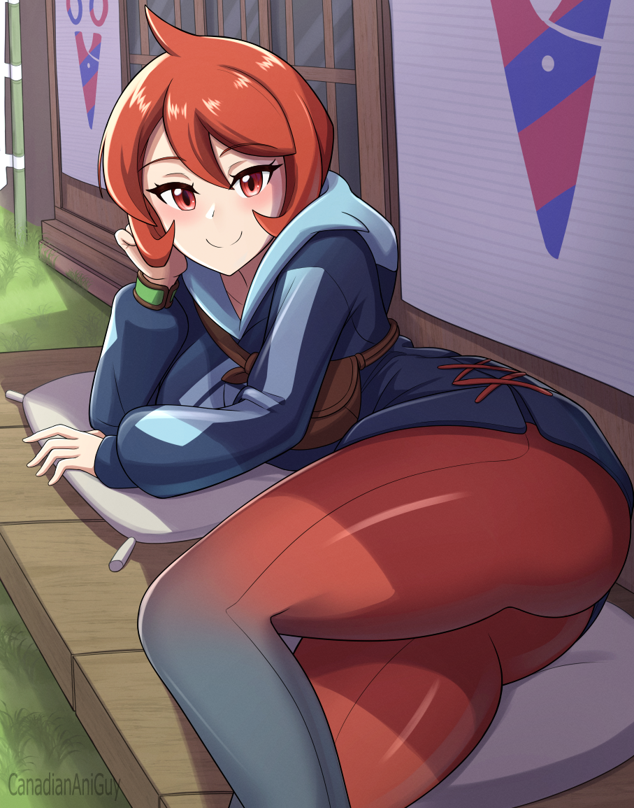 1girls arezu_(pokemon) ass blush breasts canadiananiguy creatures_(company) female game_freak hood hood_down hoodie large_breasts looking_at_viewer lying nintendo on_side pants pokemon pokemon_legends:_arceus red_eyes red_hair short_hair sideboob smile solo