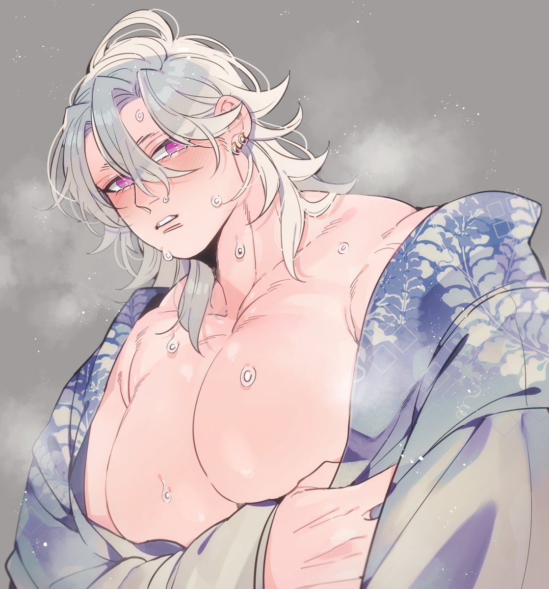 big_pecs blush breath cleavage demon_slayer earrings hair_down huge_pecs kimetsu_no_yaiba kimono kyu_717 looking_at_viewer male male_only muscular muscular_male pecs pink_eyes silver_hair sweat upper_body uzui_tengen white_hair