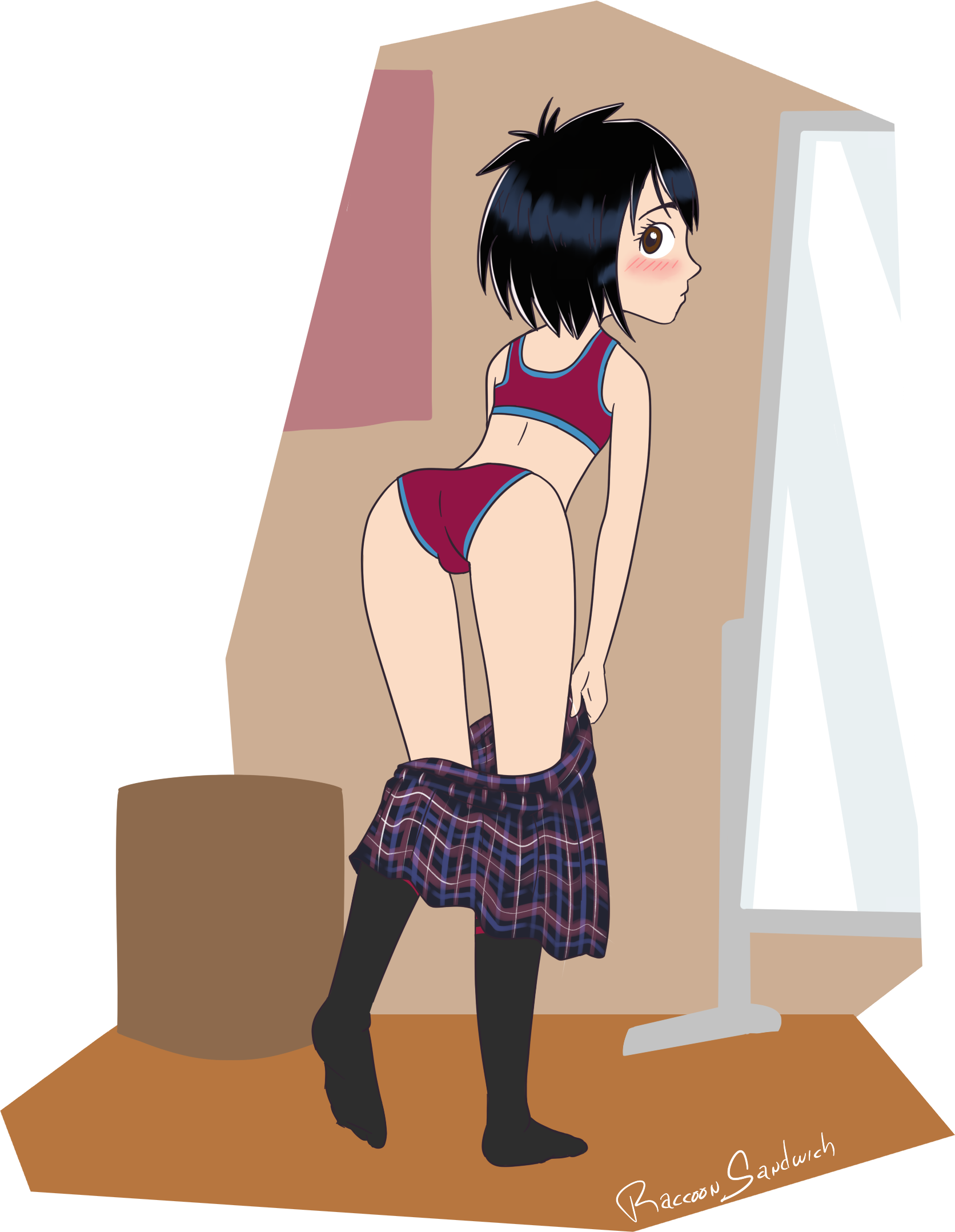 1girls, aged up, black hair, black socks, brown hair, female, female only, looking back, marvel, marvel comics, one female, panties, peni parker, raccoonsandwich, short hair, skirt, socks, solo, solo female, solo only, sports bra, underwear, undressing