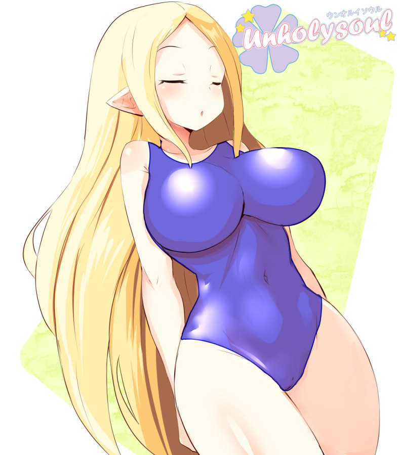 breasts cleric_(disgaea) closed_eyes disgaea large_breasts nippon_ichi_software one-piece_swimsuit pointy_ears swimsuit thick_thighs thighs unholysoul