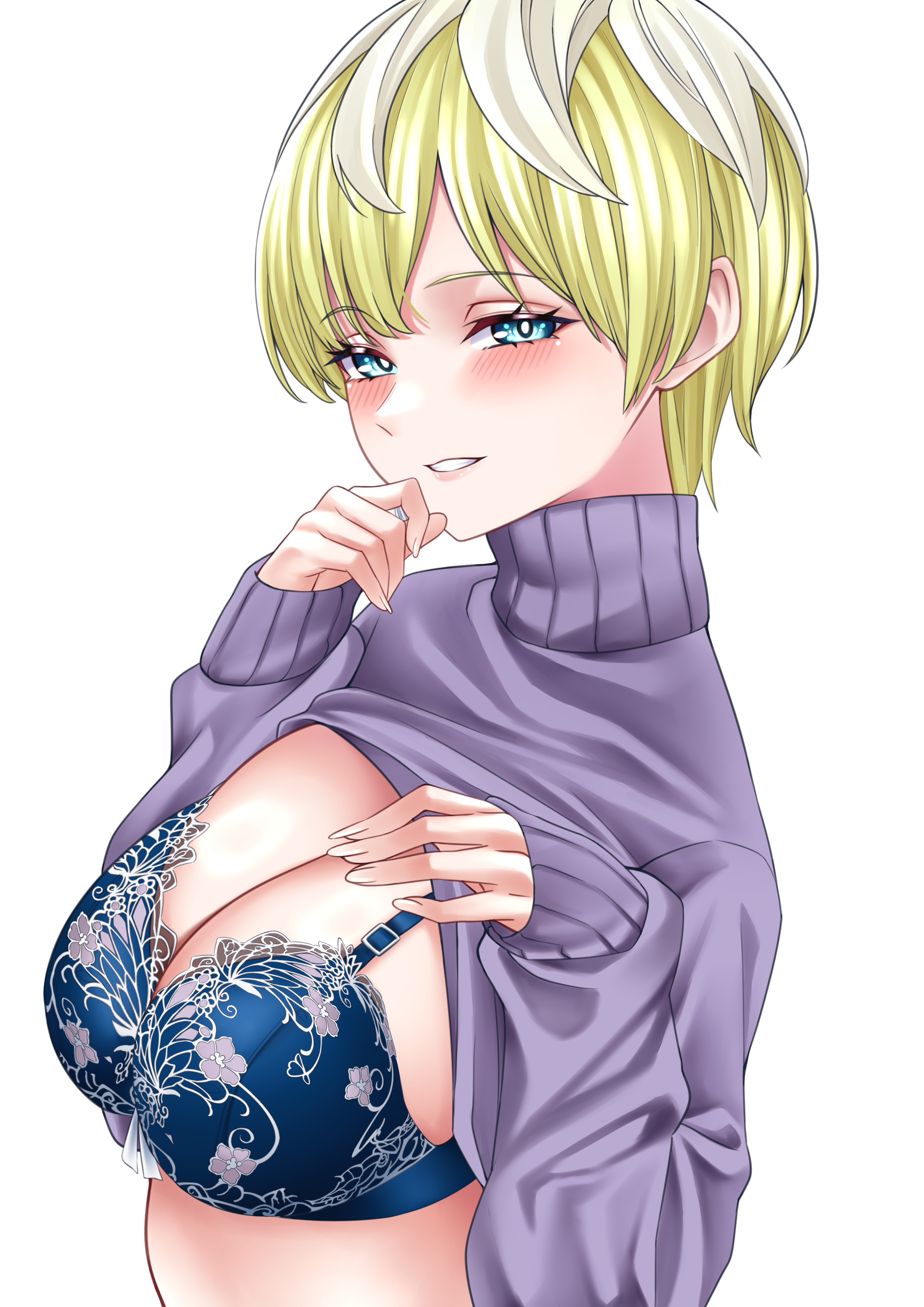 blonde hair, blue eyes, bra, breasts, cleavage, female, izumo tenka, large breasts, looking at viewer, mato seihei no slave, presenting breasts, seductive eyes, short hair, very short hair, wanzi (99wanzi99)