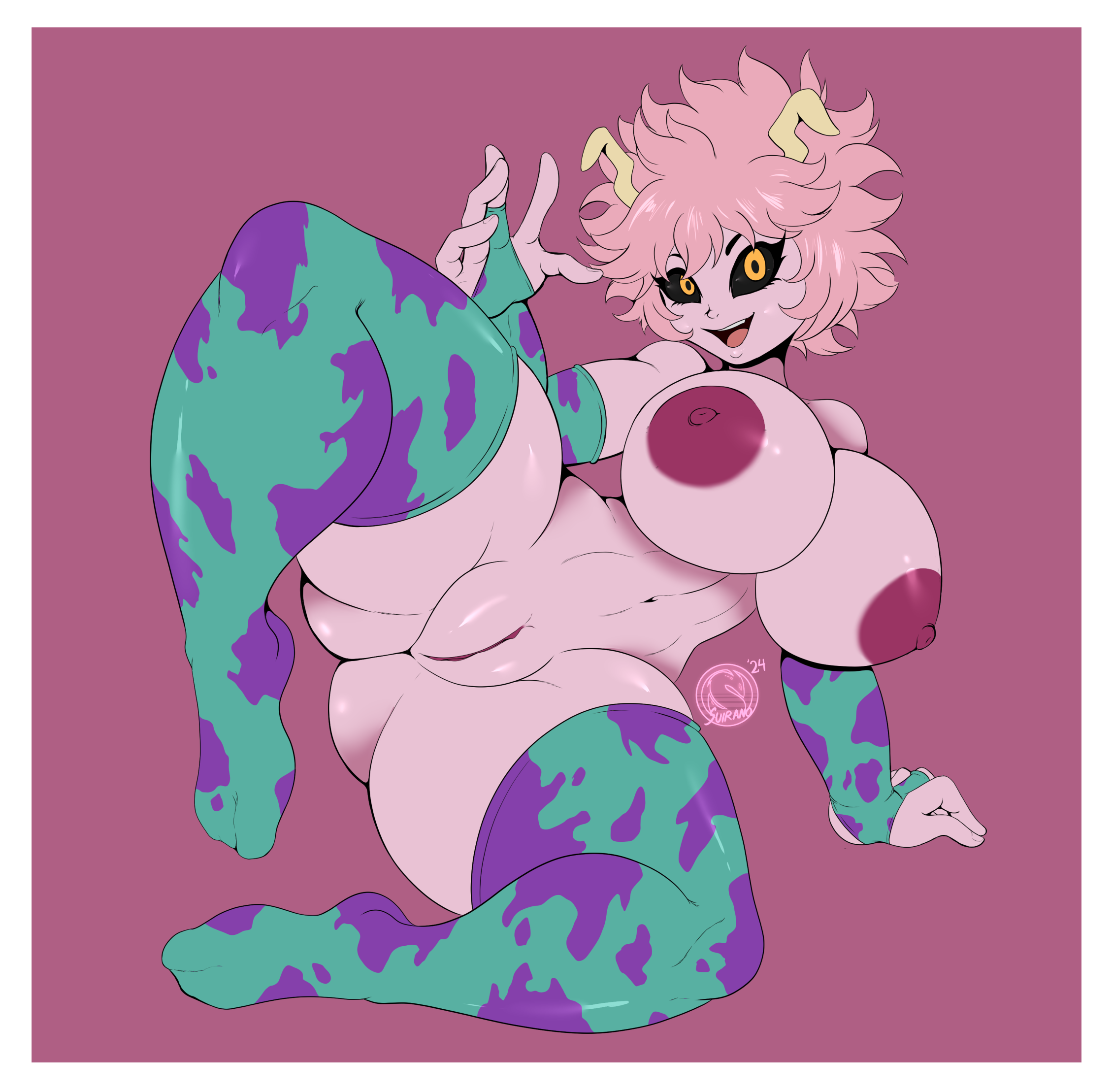 armwear, black sclera, breasts, female, leggings, looking at viewer, mina ashido, my hero academia, pink body, pussy, suirano, thick thighs, yellow eyes