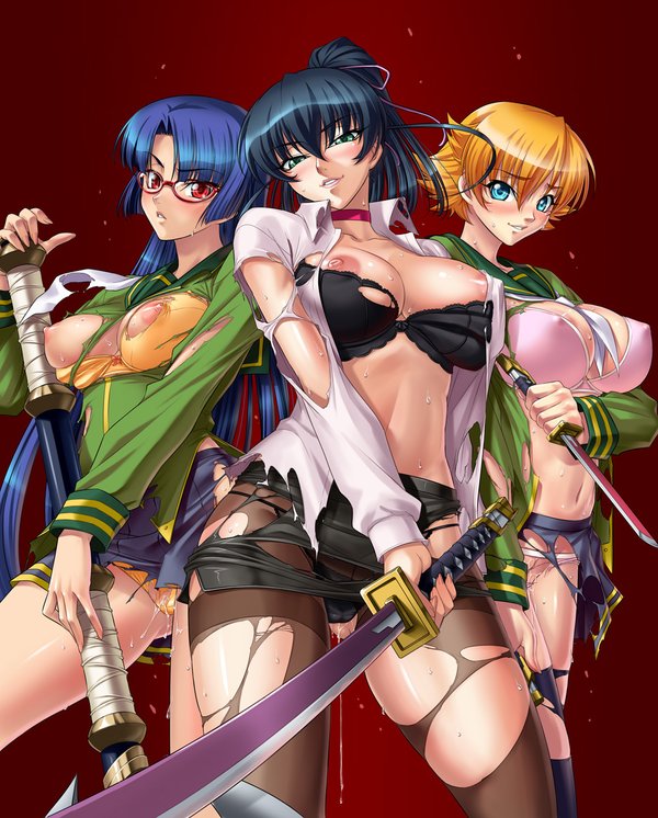 3girls, asian, asian female, blue hair, breasts, female, glasses, huge breasts, igawa asagi, igawa sakura, kagami hirotaka, large breasts, long hair, looking at viewer, lowres, multiple females, multiple girls, nipples, official art, orange hair, panties, panties under pantyhose, pantyhose, pussy, pussy juice, smile, sweat, taimanin (series), taimanin asagi, taimanin murasaki, thighhighs, torn clothes, torn pantyhose, underwear, weapon, yatsu murasaki