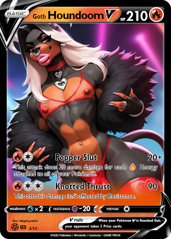 ai_generated anthro bimbo bimbo_anthro cerberuspup77926 collar femboy feminine_male goth goth_girl houndoom male male_only nogitsuneboi ownership playing_card pokemon pokemon_(species) pokemon_card pokemon_only pokephilia property sissy sissyfication slutty_outfit thick_thighs trading_card trainer training