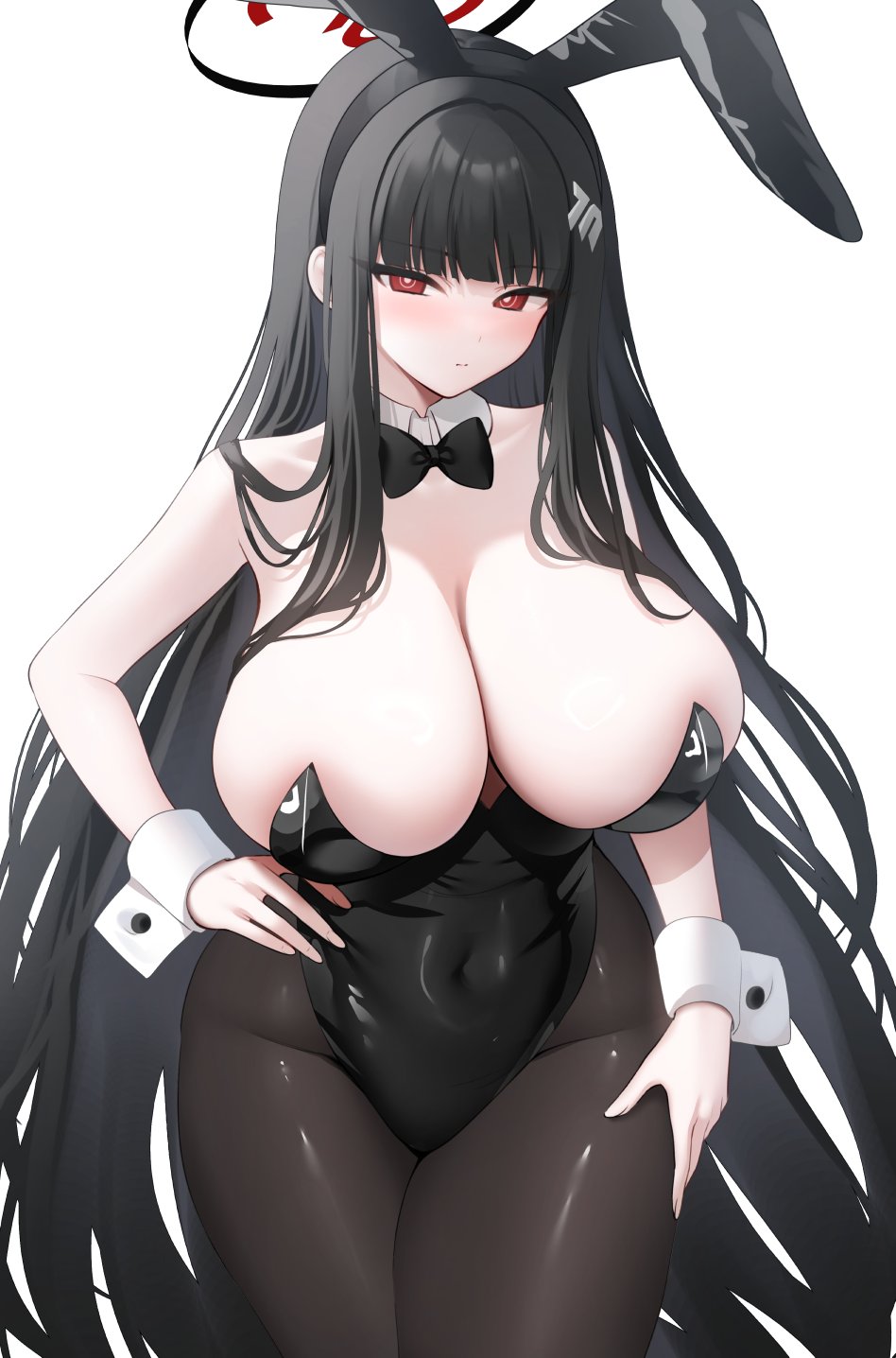blue archive, blush, breasts, bunny ears, bunny girl, bunnysuit, female, gigantic breasts, hand on hip, hand on thigh, huge breasts, looking at viewer, millennium science school student, pantyhose, rio (blue archive), round breasts, seminar (blue archive), thick thighs, top heavy, wide hips