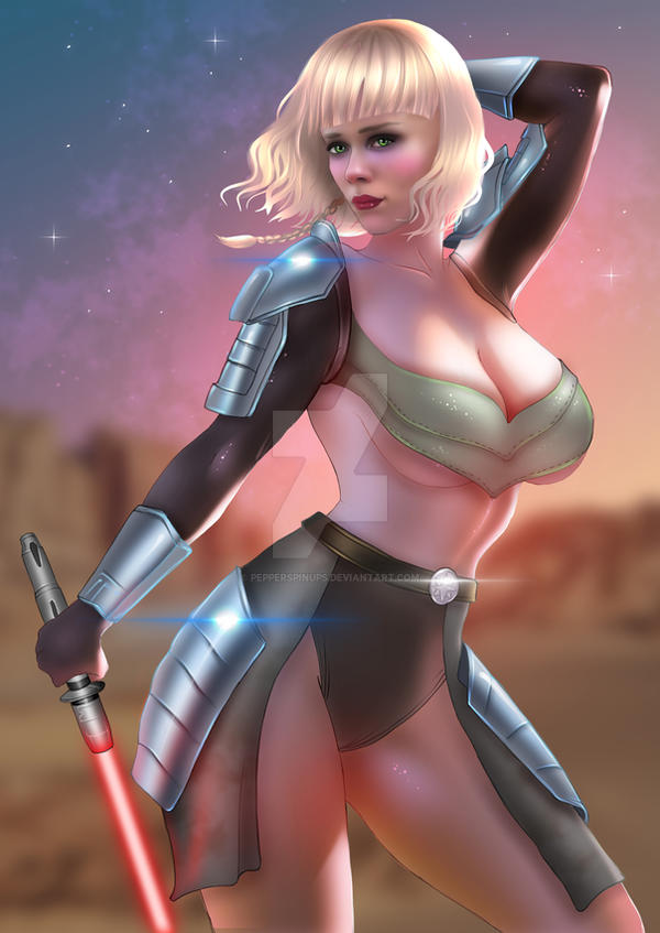 armor artist_name bangs blonde_hair breasts cleavage clothing energy_sword female female_only fully_clothed green_eyes holding holding_sword holding_weapon large_breasts lightsaber lips looking_at_viewer makeup outdoors pepperspinups realistic revealing_clothes scar scar_on_face shin_hati short_hair solo star_wars sword text watermark weapon web_address