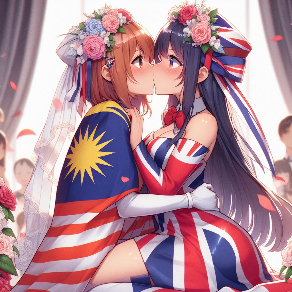 ai ai_generated anime british british_flag countryhumans countryhumans_girl flag flag_girls flags malaysia malaysia_(countryhumans) malaysia_flag united_kingdom_(countryhumans) yuri