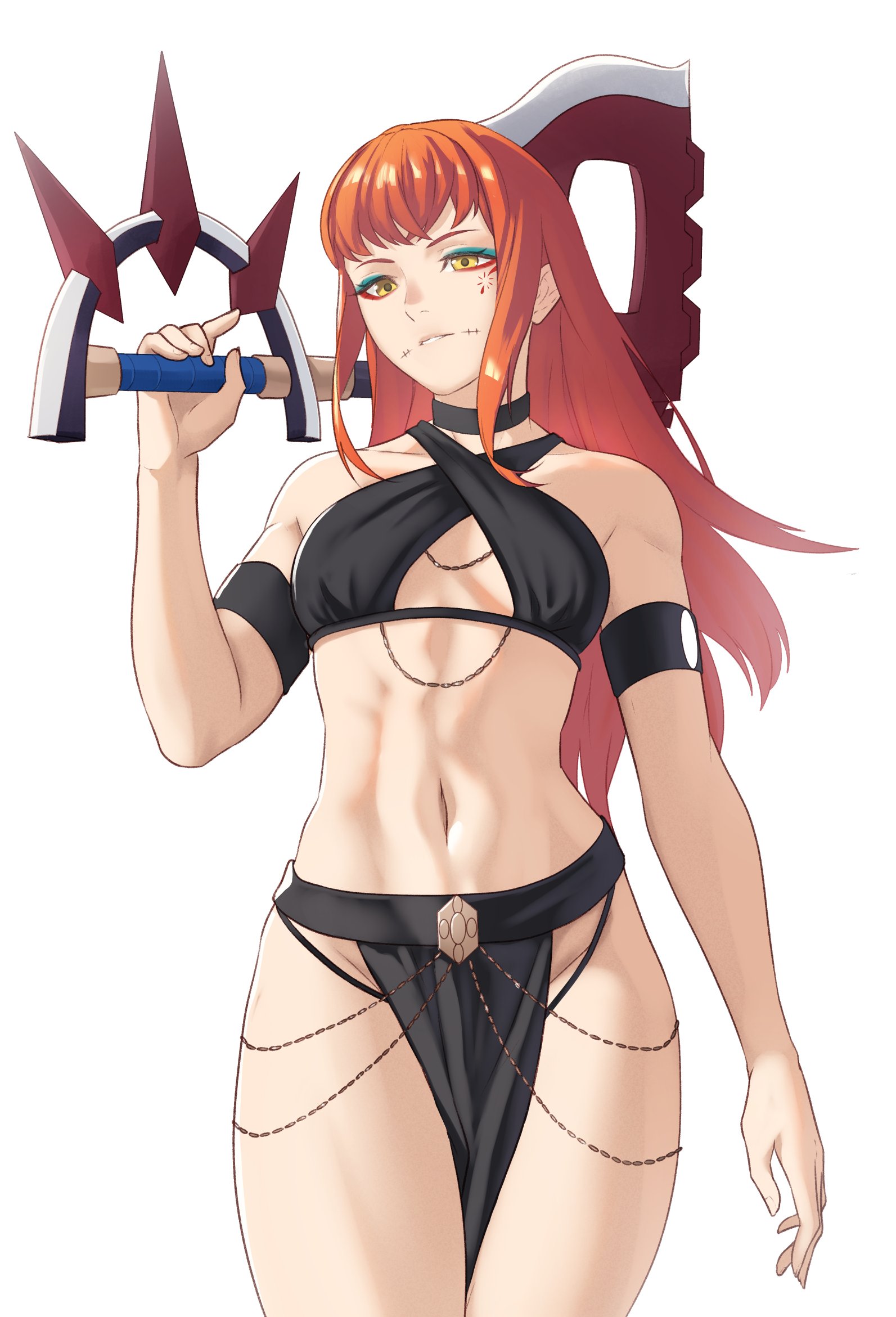 1girls, abs, armband, axe, bare shoulders, bare thighs, black choker, breasts, choker, cowboy shot, criss-cross halter, crop top, eyeshadow, facial mark, female, female only, fire emblem, fire emblem engage, fit, fit female, groin, halterneck, hand up, highres, holding, holding axe, holding weapon, lean body, loincloth, long hair, makeup, midriff, navel, nintendo, orange hair, panette (fire emblem), parted lips, pomelomelon, revealing clothes, simple background, small breasts, solo, standing, stomach, thighs, weapon, white background, yellow eyes