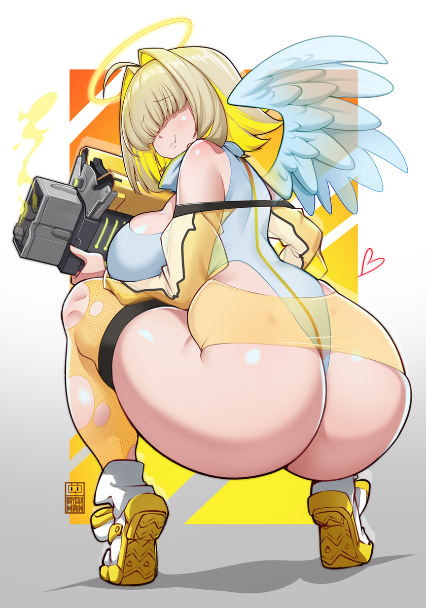 1girls ahoge angel angel_wings ass ass_focus aureola back back_view bare_shoulders bare_thighs bayeuxman big_ass big_breasts big_butt blonde_hair clothed clothing color elegg_(nikke) female female_focus female_only goddess_of_victory:_nikke gun hair_over_eyes hi_res large_breasts leotard light-skinned_female light_skin solo solo_female squatting tagme thick_thighs thighhighs torn_legwear torn_thighhighs two_tone_hair