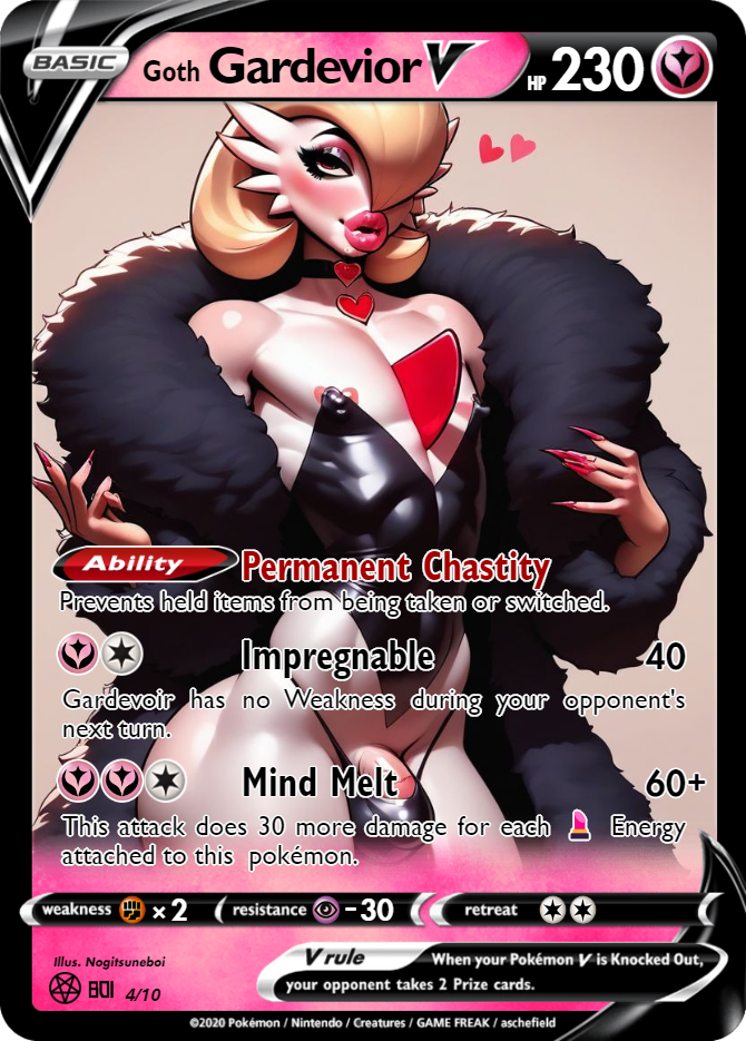 ai_generated anthro bimbo bimbo_anthro cerberuspup77926 collar femboy feminine_male gardevoir goth goth_girl male male_only nogitsuneboi ownership playing_card pokemon pokemon_(species) pokemon_card pokephilia property sissy sissyfication slutty_outfit thick_thighs trading_card trainer training