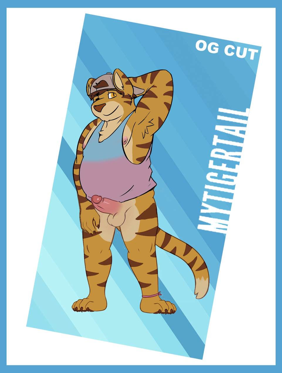 1boy anthro areola armpit balls bodily_fluids clothing erection eyebrows fat fat_man felid fur gabe_(mytigertail) genitals glans hat headgear headwear hi_res humanoid male male/male male_only mammal mytigertail navel nipples nude overweight pantherine penis solo stripes sweat tiger