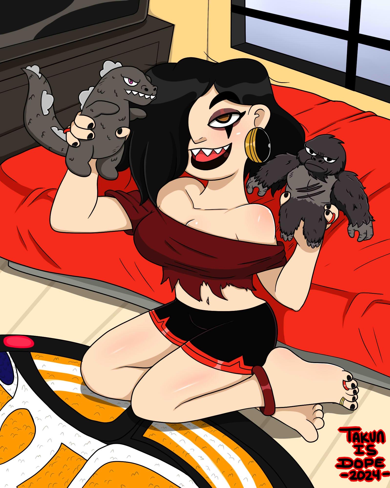 1girls 2024 black_fingernails black_hair black_toenails dopeisnukat feet female godzilla godzilla_(series) hair_covering_eye king_kong king_kong_(series) messy_hair on_toes original original_character original_characters plushie sharp_teeth titania_(dopeisnukat) toes