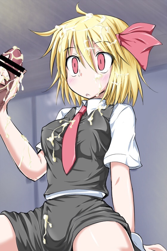 1boy 1girls bukkake censored cum female handjob kirino_souya ribbon rumia the_embodiment_of_scarlet_devil touhou