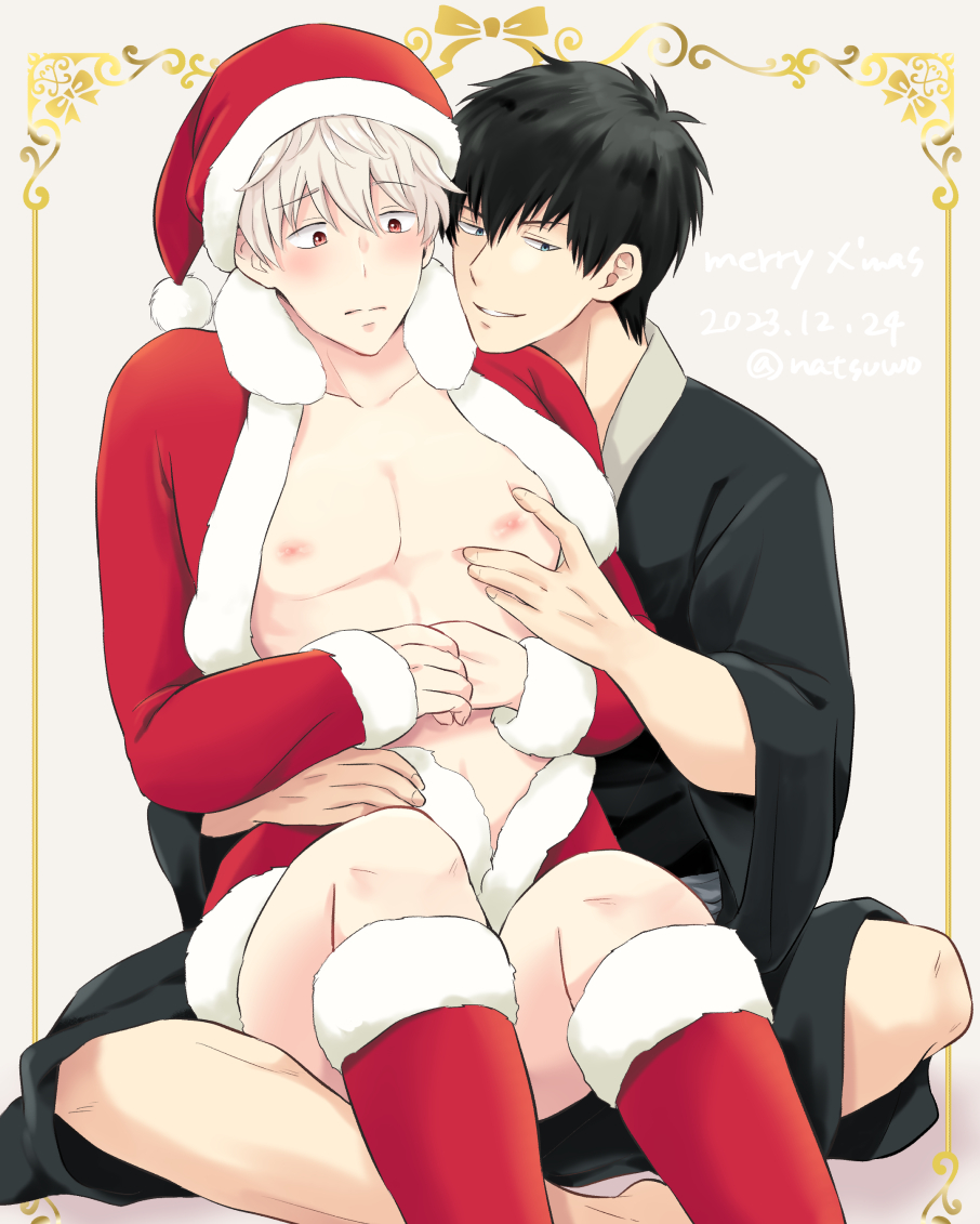 2boys alternate_costume black_hair blush christmas christmas_outfit gay gintama gintoki_sakata hijikata_toshiro kimono light-skinned_male light_skin male male_only natsugin77 open_jacket pale-skinned_male pale_skin pec_grab pec_grasp pec_squeeze pec_squish pecs santa_costume santa_hat sitting sitting_on_lap sitting_on_person white_hair yaoi