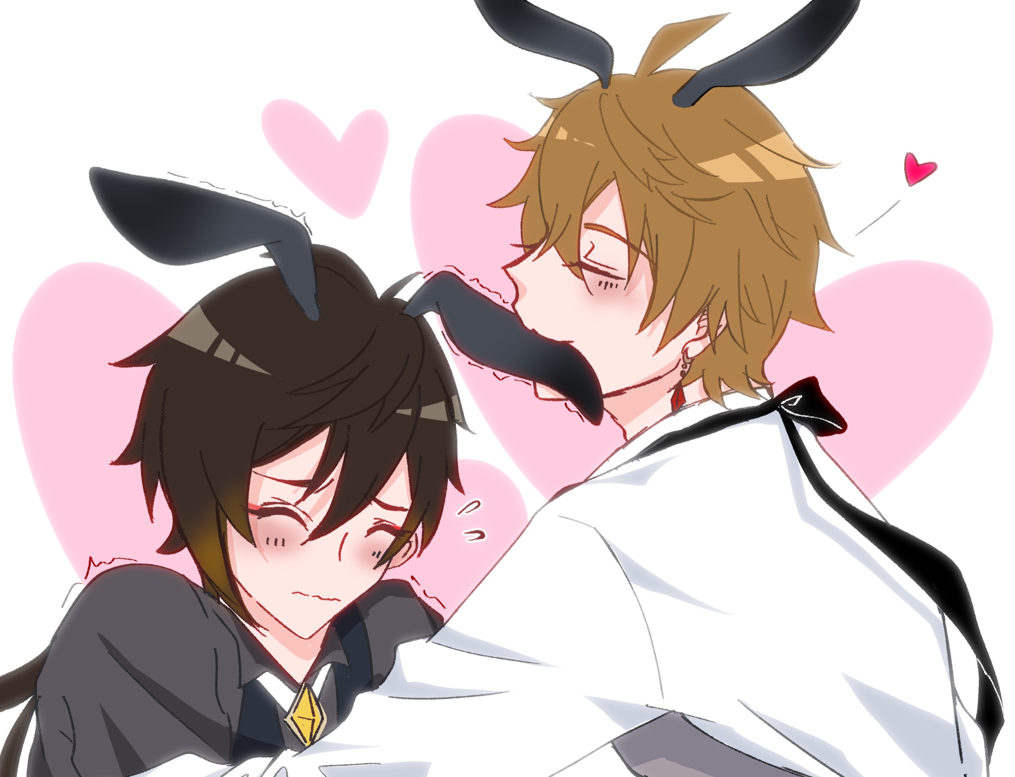 ...2boys alternate_costume blush bunny_ears genshin_impact implied_sex male...