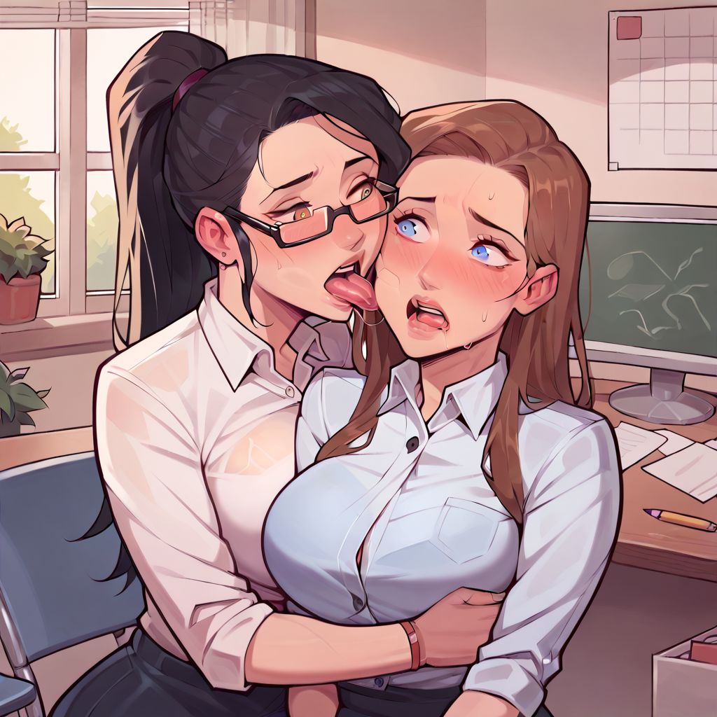 2girls ai_generated ambiguous_consent black_hair blue_eyes blush brown_hair clothing desgens face_lick face_licking female_teacher flushed glasses large_breasts licking licking_another's_face licking_face office office_lady ponytail questionable_consent surprised tongue yuri