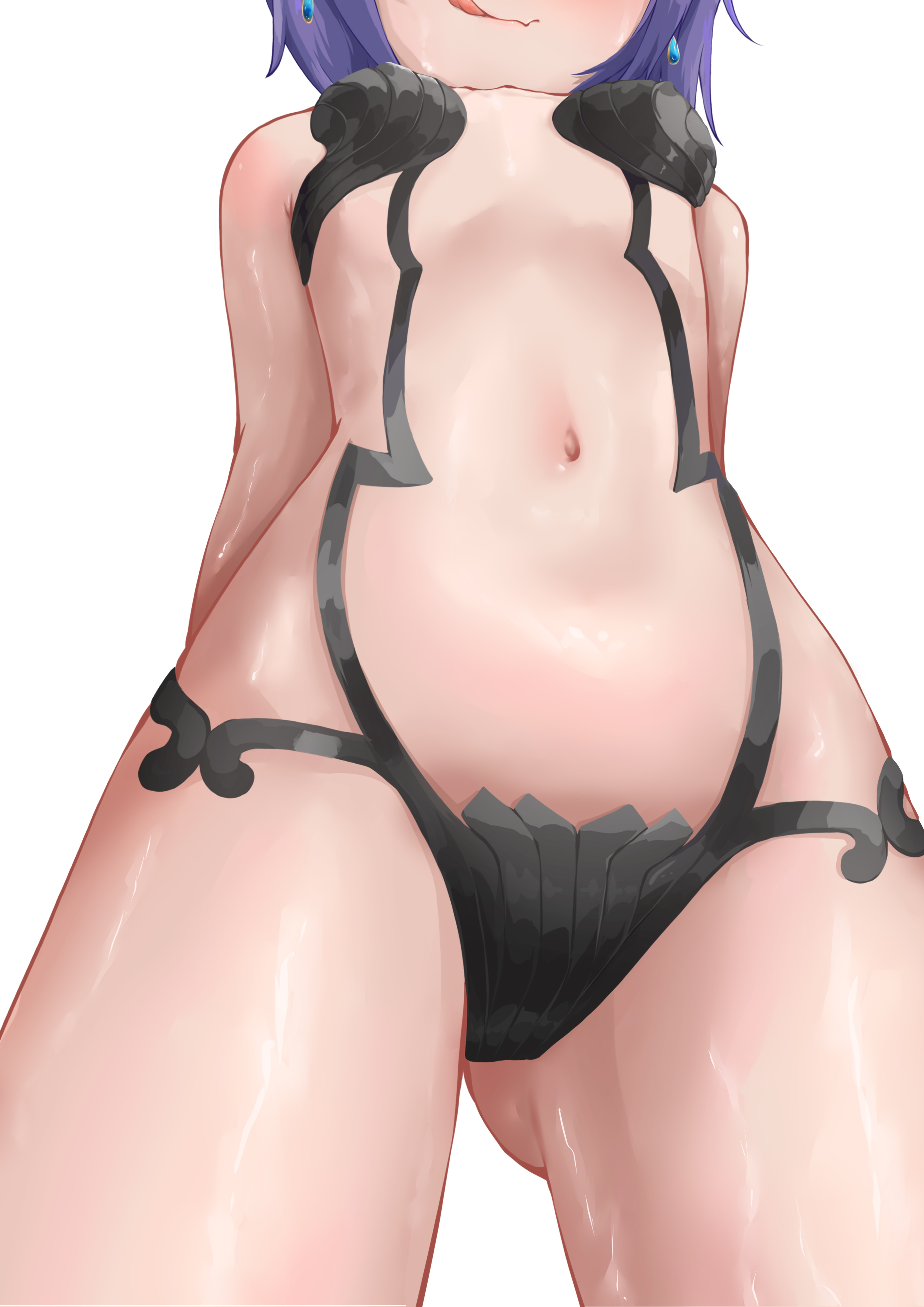 1girls, arms behind back, ass visible through thighs, breasts, excited, fate (series), fate/grand order, female, female only, head out of frame, licking lips, purple hair, revealing clothes, shuten douji (fate), small breasts, solo, stomach, thighs, tongue, wangx (252865616), white background