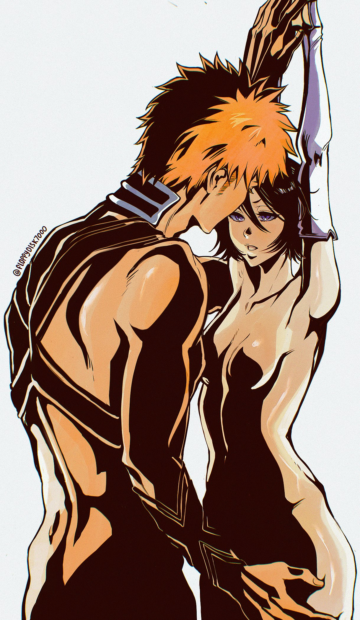 1boy, 1girls, black hair, bleach, bleach: the thousand-year blood war, couple, female, floppydisk7000, highres, ichigo kurosaki, kuchiki rukia, male, nude, orange hair