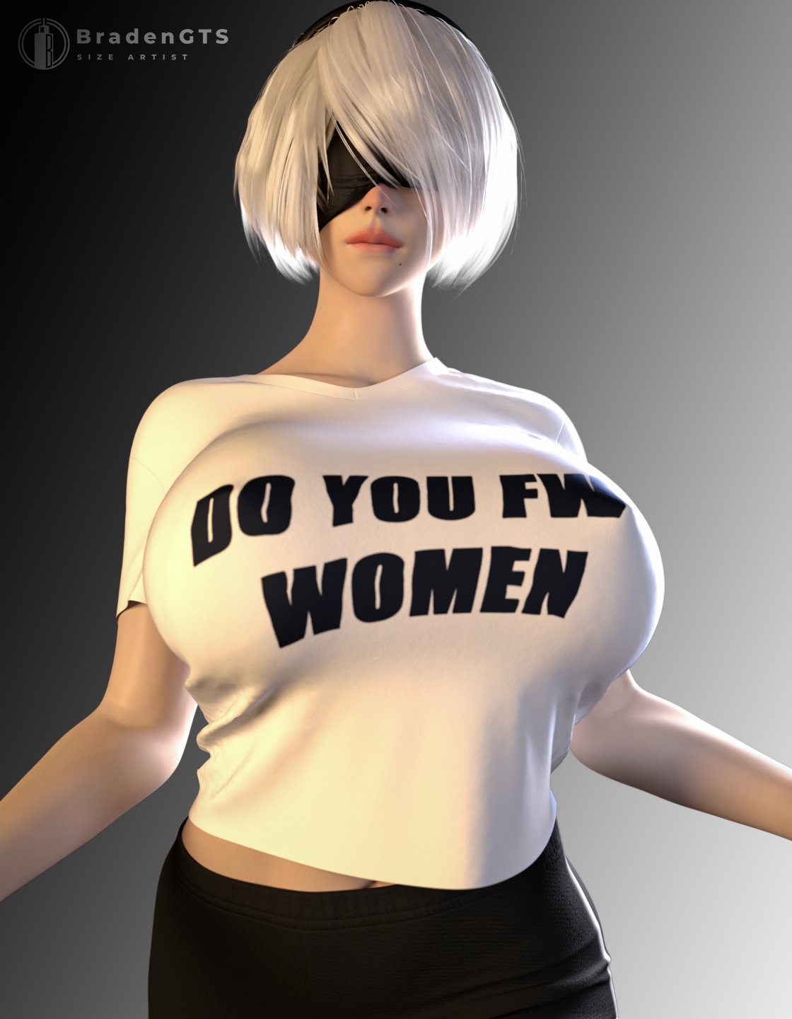 1girls, 3d, big breasts, blindfold, bradengts, breasts, clothed, clothing, english text, female, female focus, female only, hairband, huge breasts, light skin, light-skinned female, looking at viewer, nier, nier: automata, short hair, solo, text, white hair, yorha 2b