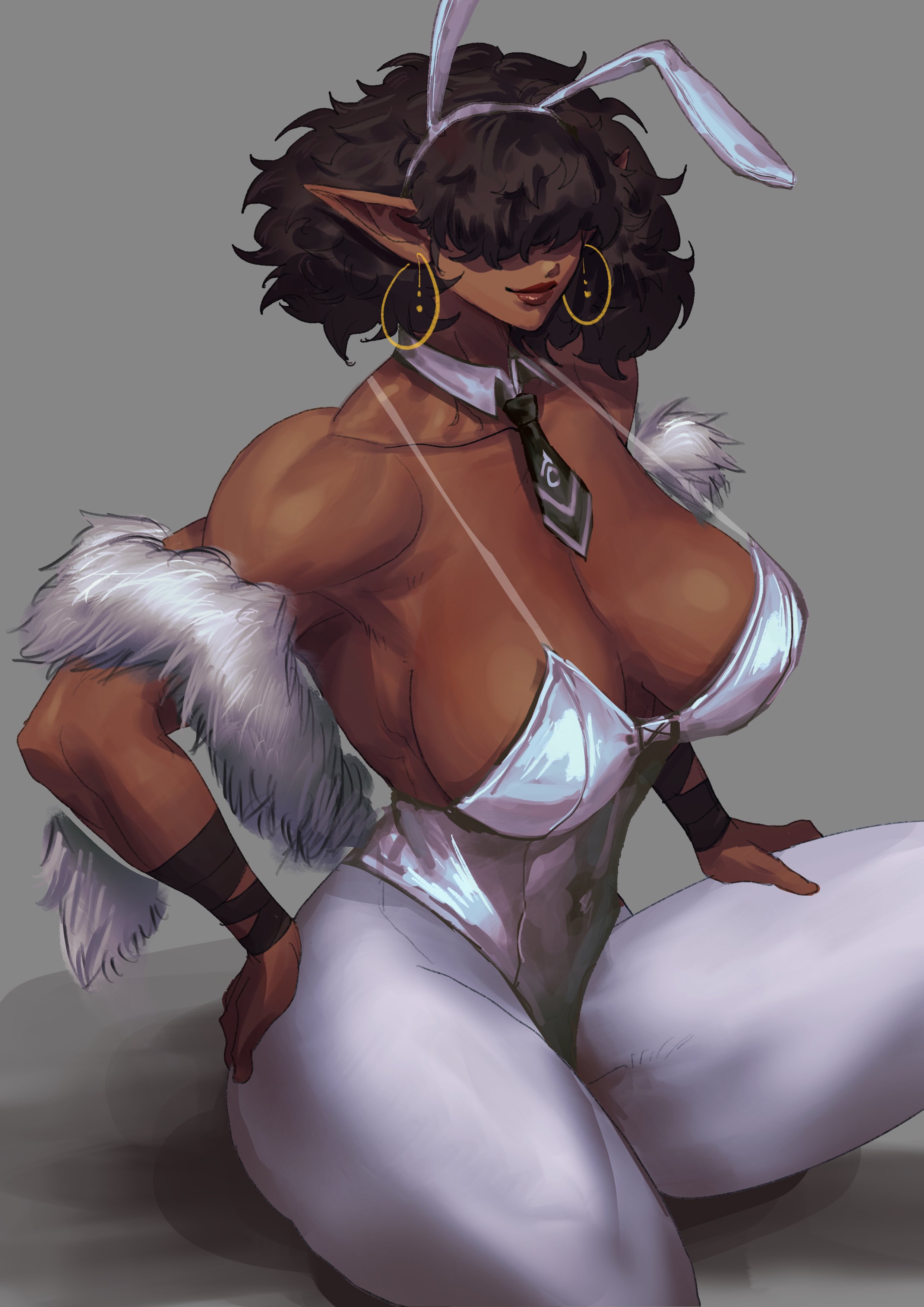 athletic, athletic female, big breasts, breasts, bunny ears, bunnysuit, dark skin, dark-skinned female, female, hair over eyes, pointy ears, thick thighs, virgoart1509