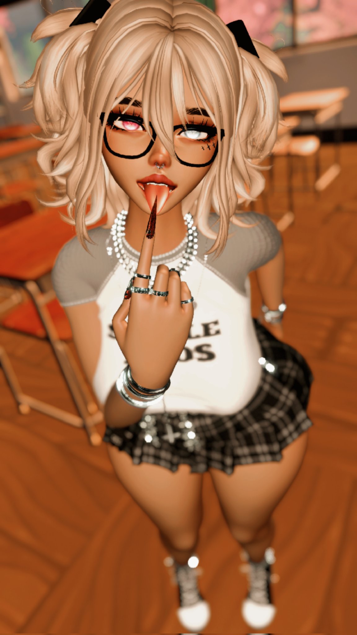 1girls black_nails blurry blurry_background bracelet classroom dark-skinned_female dark_skin depth_of_field desk eyeglasses eyewear female glasses gyaru hair_between_eyes jewelry kogal looking_at_viewer nail_polish plaid plaid_skirt pleated_skirt ring school_desk solo tongue tongue_out tongue_piercing vrchat vrchat_avatar