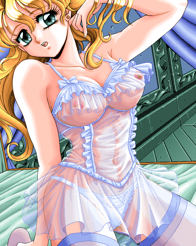 4bpp 90s adjusting_hair babydoll blonde_hair breasts chemise elf_(company) female game_cg green_eyes large_breasts lingerie nipples oldschool pc98 see-through shangrlia_2 solo source_request thighhighs