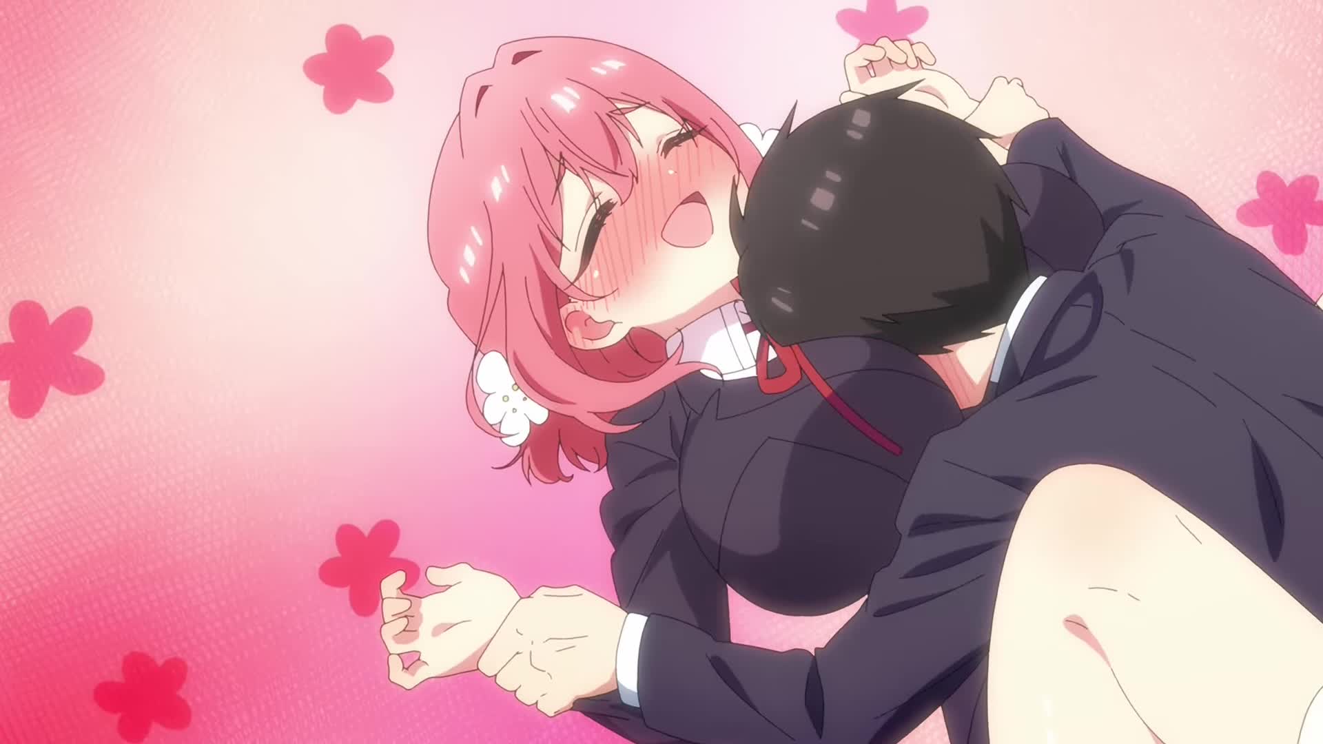 100_kanojo 1boy 1girls animated bouncing_breasts female hanazono_hakari hug...