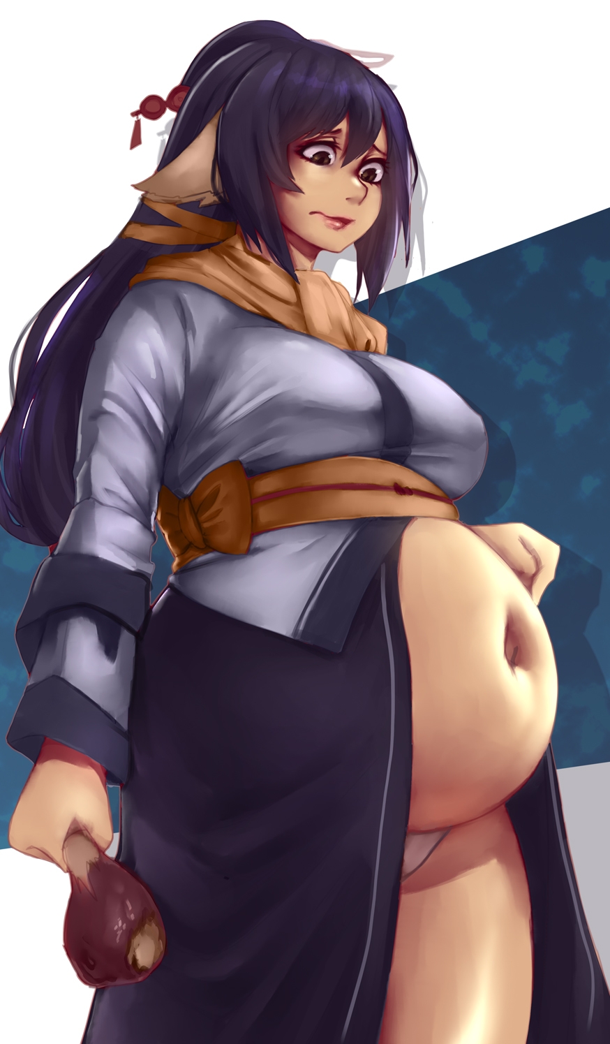 1girls ashamed bbw belly_overhang big_belly big_female blush chubby chubby_female embarrassed fat fat_ass fat_female fat_fetish fat_girl fat_woman fatty female female_only food food_in_hand kipteitei kuon_(utawarerumono) large_female obese obese_female overweight overweight_female panties pig plump pork_chop solo thick_thighs tubby utawarerumono weight_conscious weight_gain white_panties