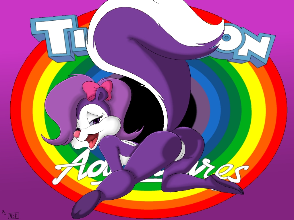 anus ass blue_sclera bow come_hither female fifi_la_fume from_behind furry h-s-k hair_over_one_eye hairbow hsk hsk_(artist) looking_at_viewer naughty_face open_mouth pose purple_eyes purple_hair seductive_smile short_hair skunk skunkgirl smile solo tail tiny_toon_adventures tongue