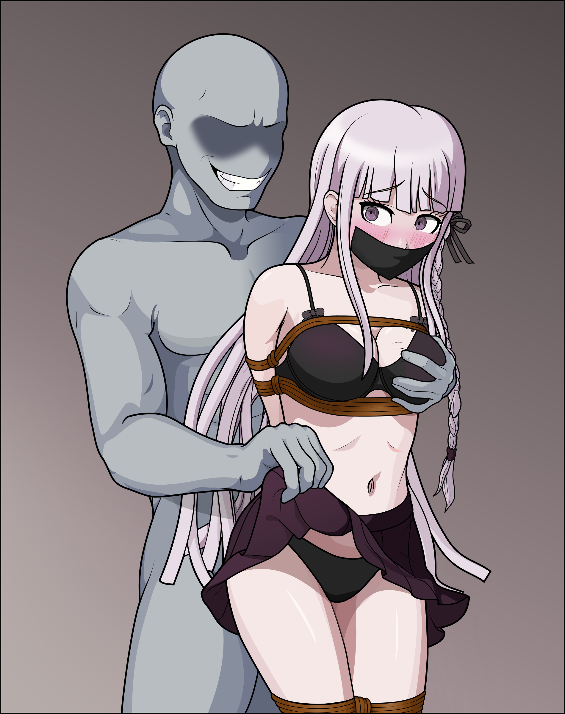 1boy, 1girls, absurdres, arms behind back, black bra, black panties, black ribbon, black skirt, blush, bondage, bound, bra, braid, breasts, clothes lift, clothing, cowboy shot, danganronpa, danganronpa: trigger happy havoc, english commentary, faceless, faceless male, female, from behind, gag, grey hair, grin, hair ribbon, highres, human, just some guy, kirigiri kyouko, large breasts, legs together, lifting another's clothes, long hair, male, matching underwear, miniskirt, navel, pleated skirt, purple eyes, purple skirt, rape, restrained, ribbon, rope, side braid, skirt, skirt lift, smile, standing, teeth, underwear, wide eyed, wide hips