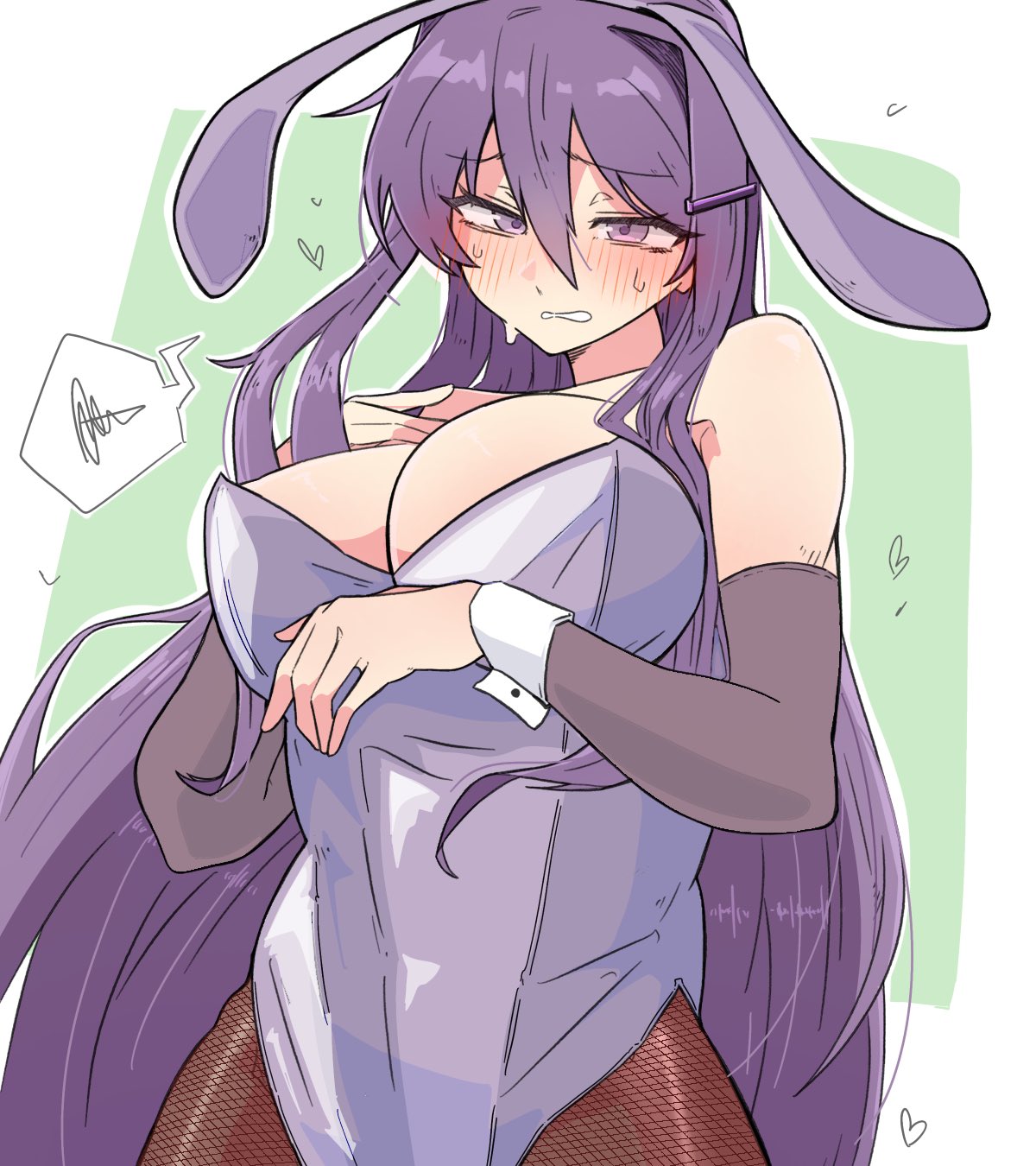 1girls, big breasts, blush, breasts, bunny ears, busty, cleavage, doki doki literature club, female, fishnet legwear, fishnets, kentylevel, light skin, light-skinned female, playboy bunny, purple eyes, purple hair, speech bubble, yuri (doki doki literature club)