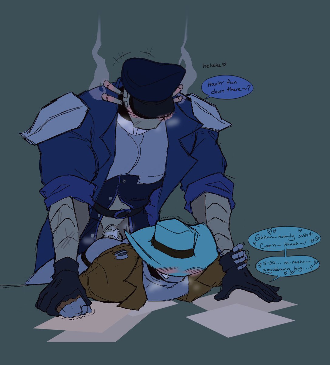 2022 2boys anal_sex bandit_(risk_of_rain) bara barazoku bent_over bent_over_table big_dom_small_sub blue_background blue_jacket blush captain_(risk_of_rain) clothed cowboy cowboy_hat desk gay gloves hat helmet male male/male male_only masked noodleharp obscured_face paperwork risk_of_rain risk_of_rain_2 robot robot_humanoid robot_penis steam talking_to_another talking_to_partner