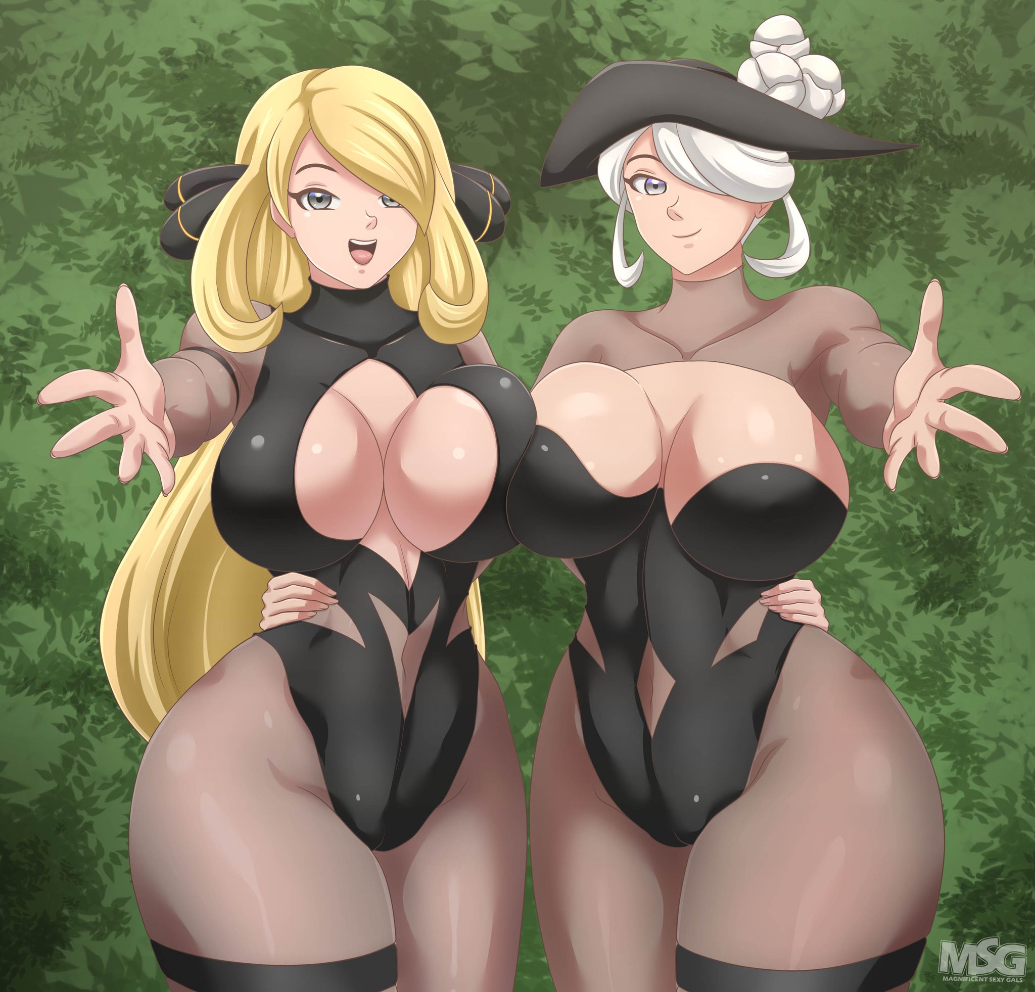 2girls, ass, big ass, big breasts, blonde hair, breasts, busty, clothed, clothed female, clothing, cogita (pokemon), cynthia (pokemon), female, gilf, hair ornament, hair over one eye, hat, magnificentsexygals, milf, multiple females, multiple girls, older female, pokemon, pokemon champion, pokemon dppt, pokemon legends: arceus, thick, thick thighs, white hair, wide hips