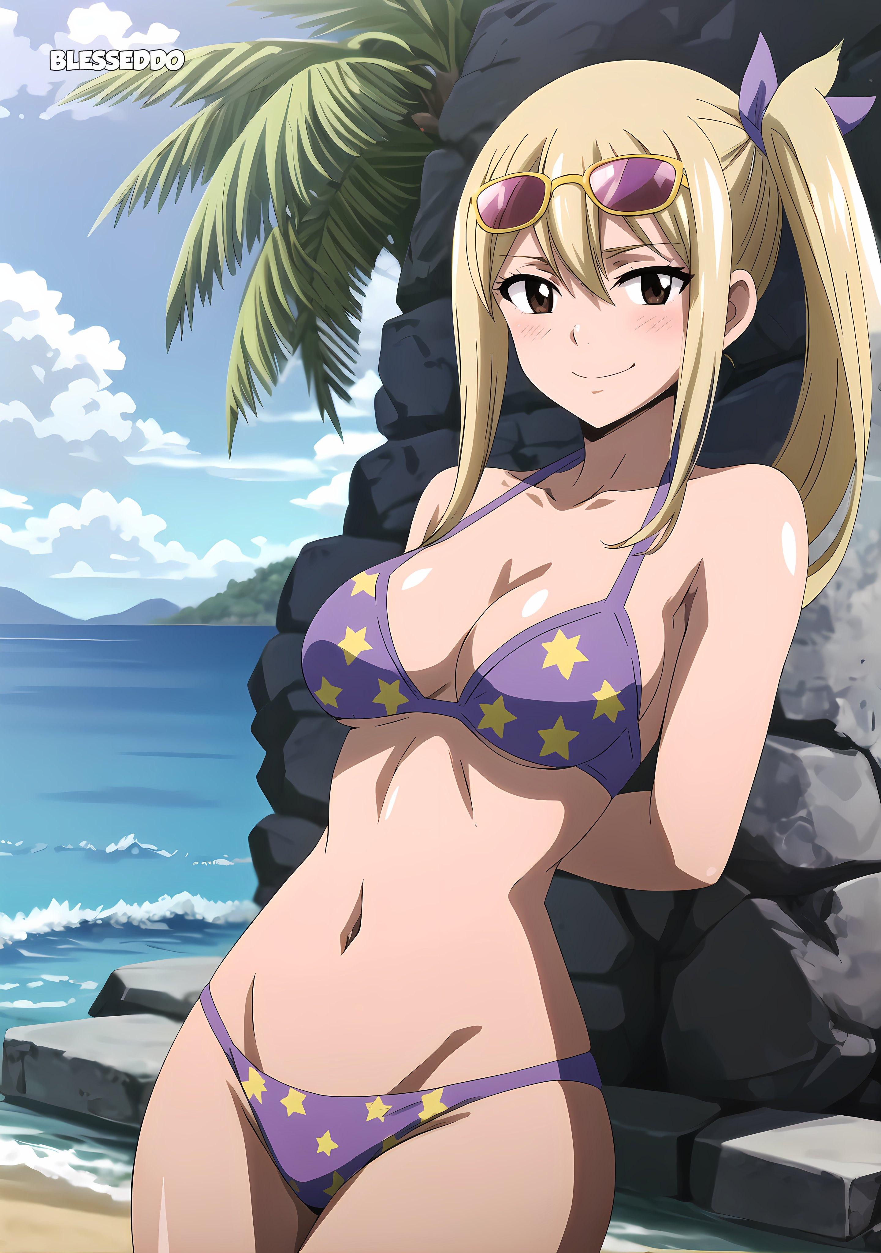 1girls, ai generated, bikini, blesseddo, blonde hair, breasts, cleavage, fairy tail, female, looking at viewer, lucy heartfilia, short hair, solo, water